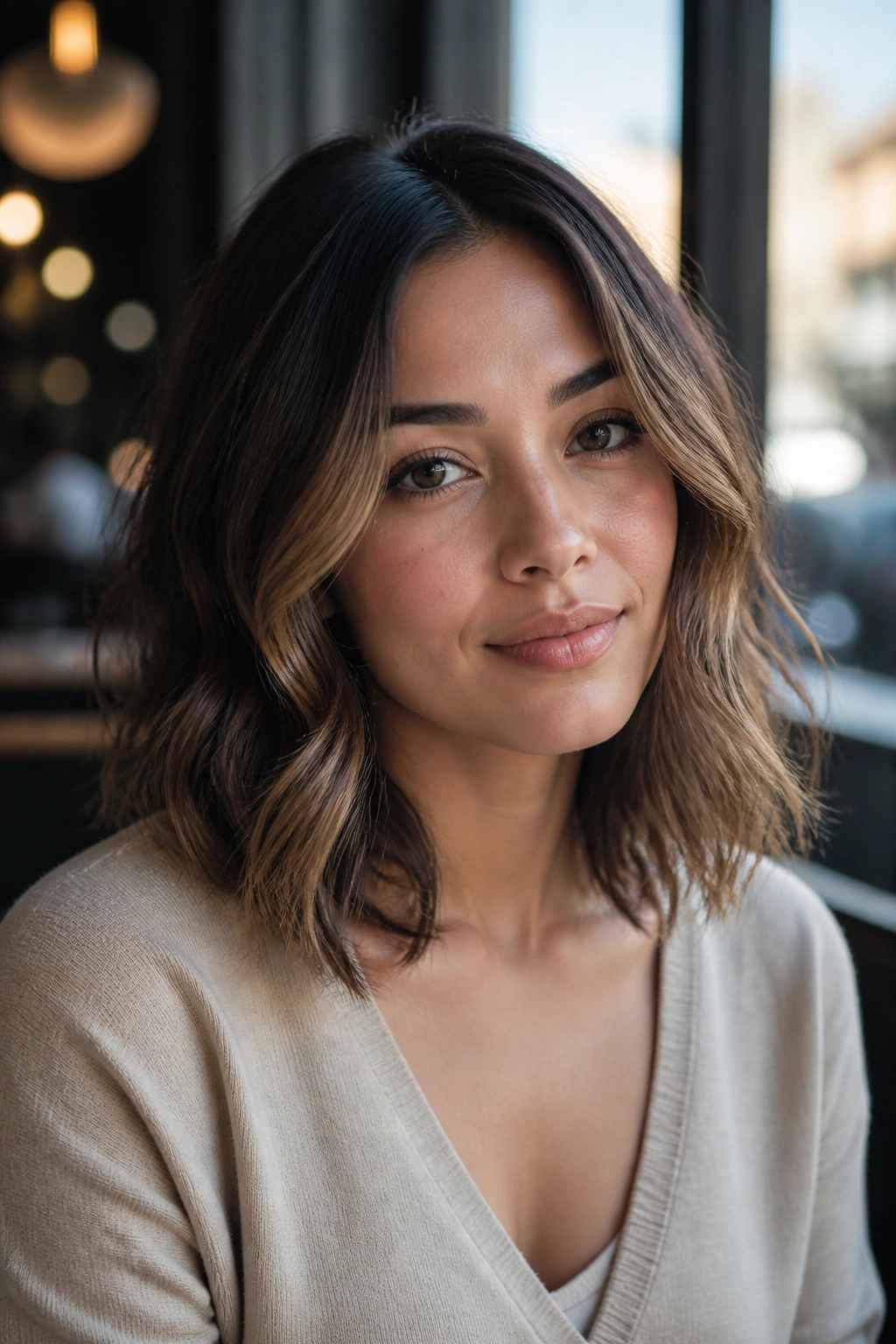 Real woman with collarbone-length lob and loose waves framing the face.