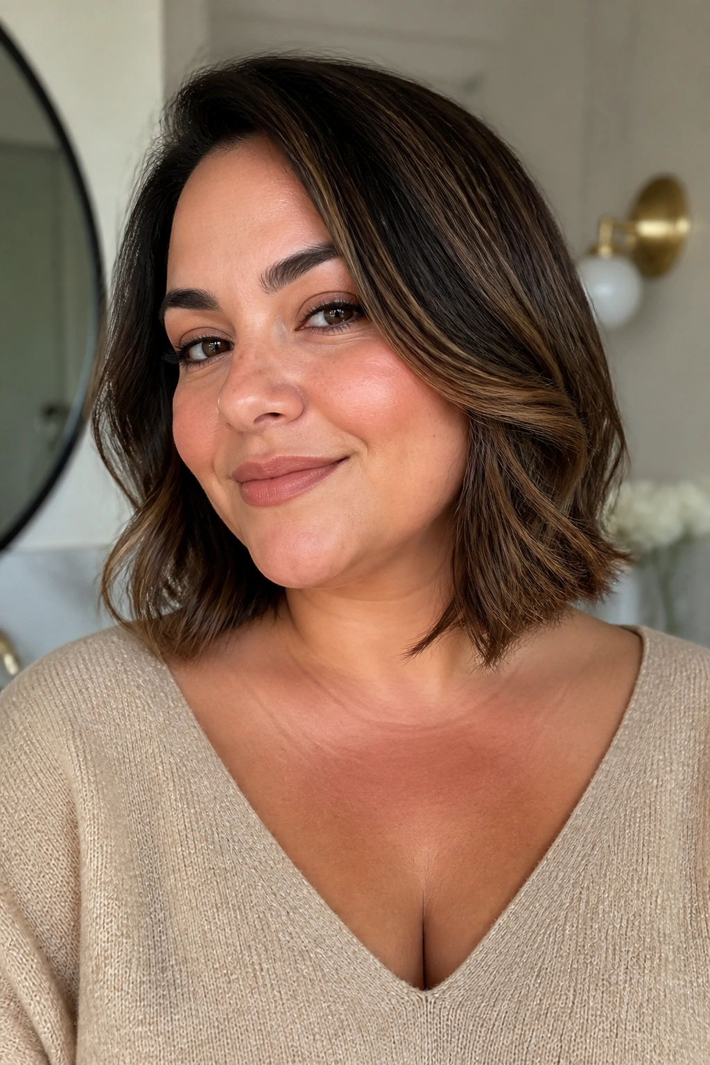 Portrait of a woman with a collarbone-length lob and soft movement.