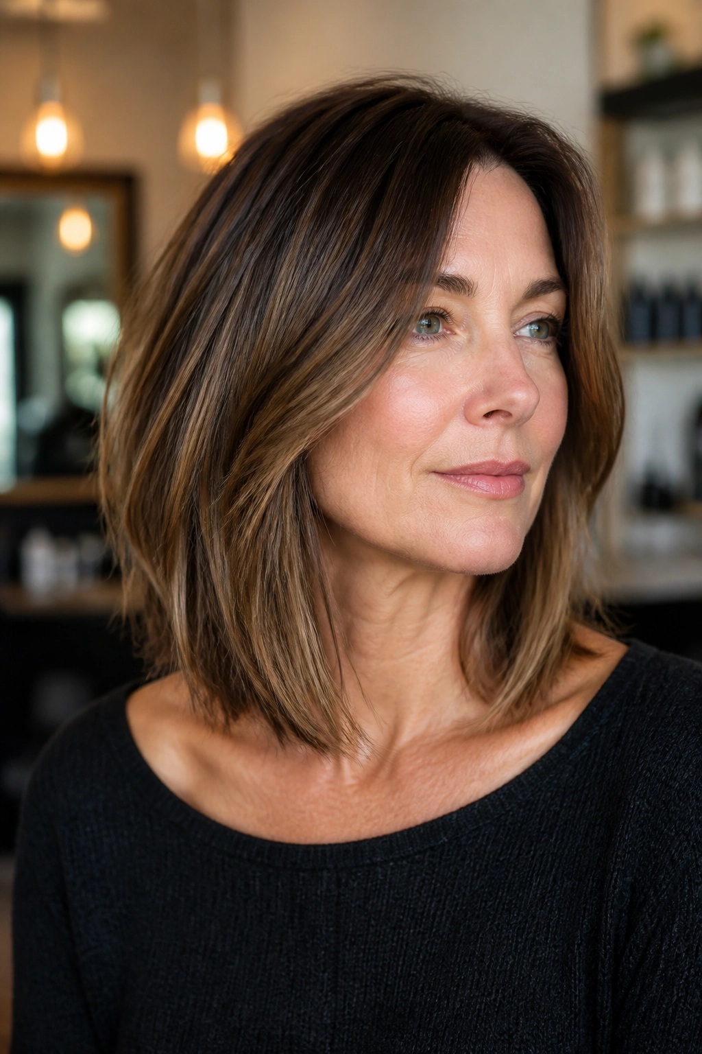 Portrait of a woman with a collarbone-length lob showing subtle movement in the hair