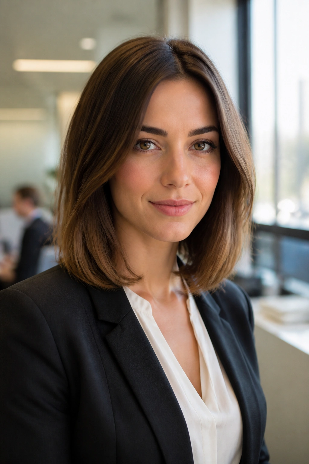 Real person with collarbone-length lob hairstyle at work