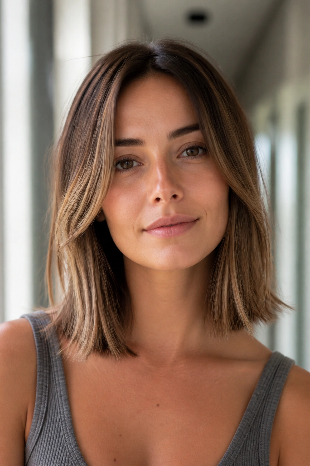 Close-up of a real woman with collarbone-length lob.