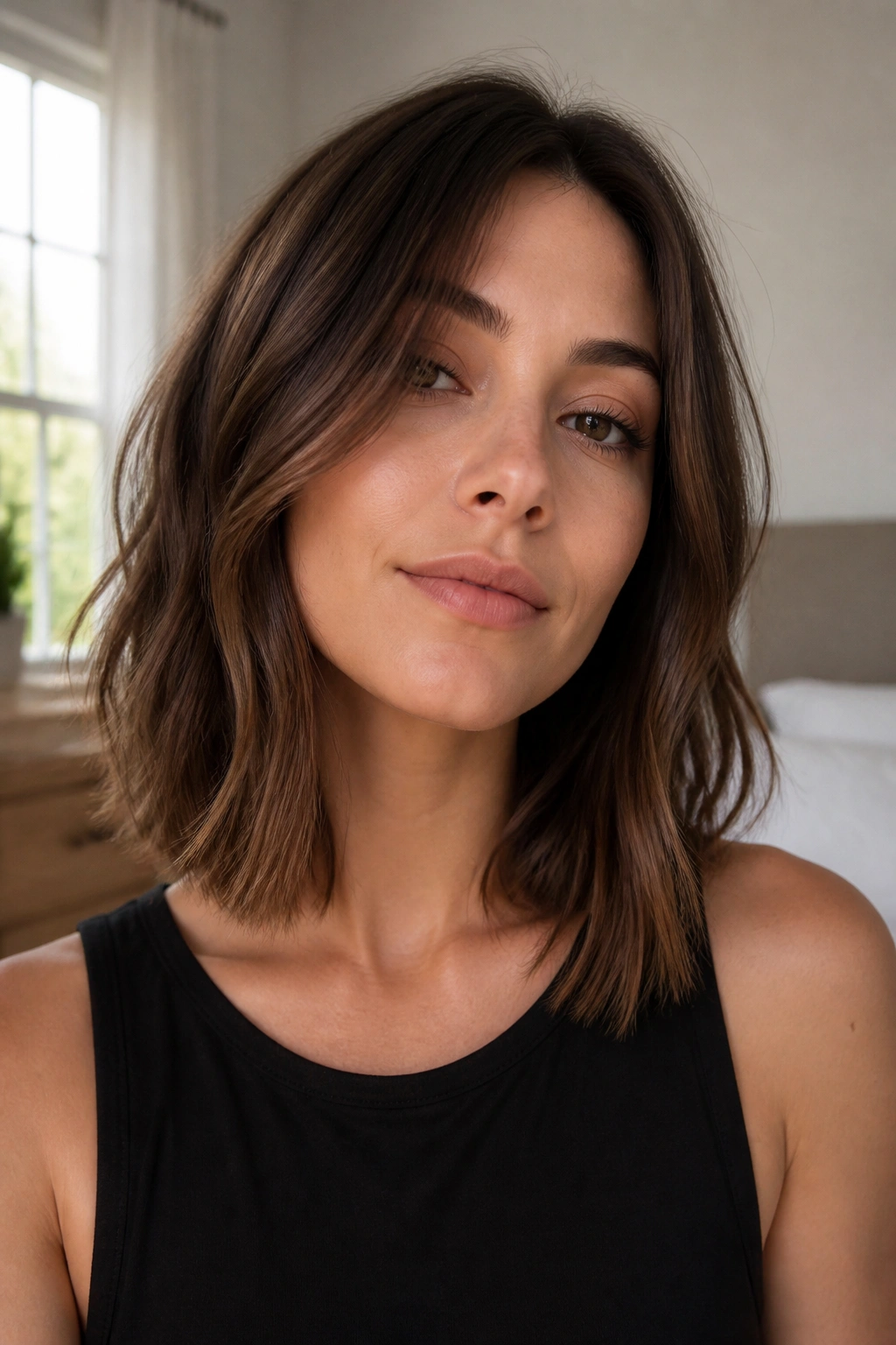 Close-up portrait of a real woman with a collarbone-length lob hairstyle