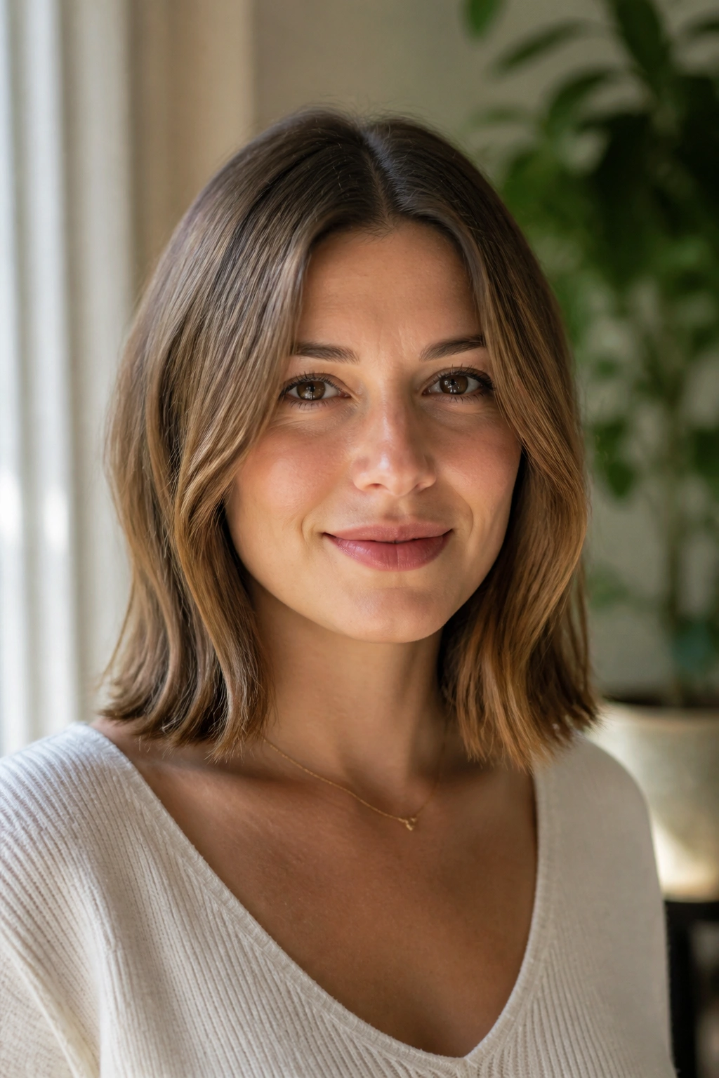 Close-up portrait of a woman with a collarbone-length lob