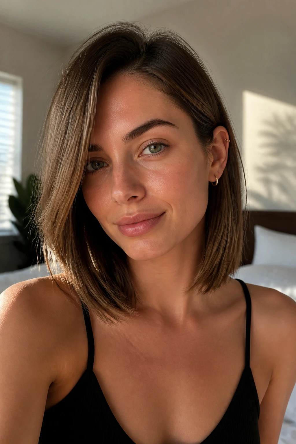 Close-up portrait of a real woman with collarbone-length lob in warm bedroom light