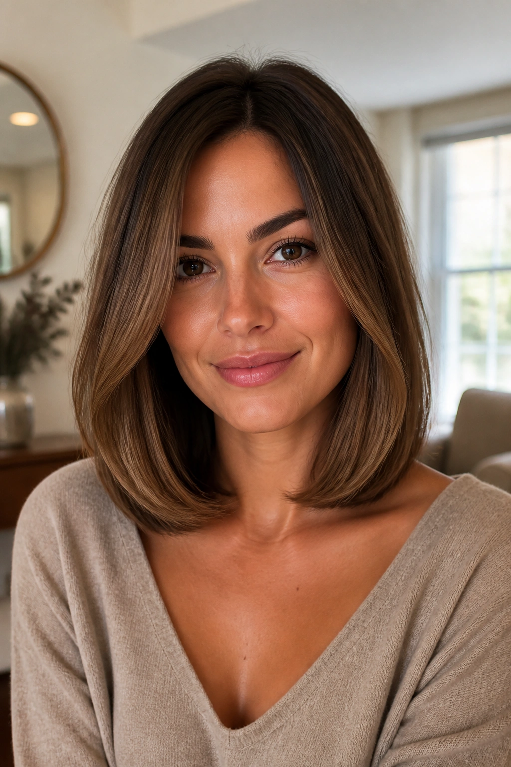Close-up of real person with collarbone-length lob and rounded ends in soft lighting