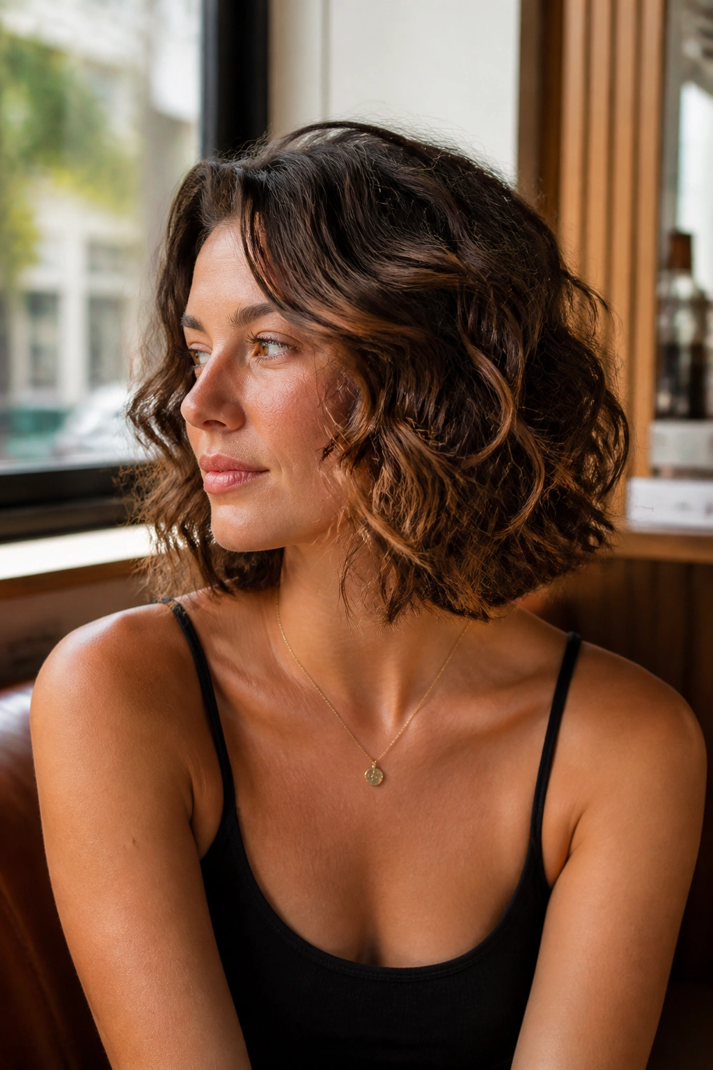 Medium close-up of a real person wearing a collarbone-length scrunched lob with damp ends