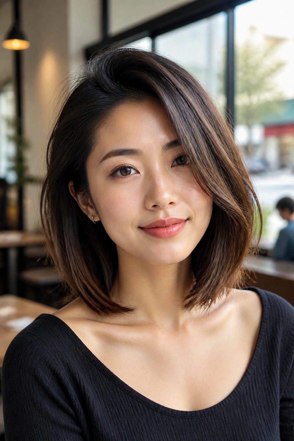 Close-up portrait of a real woman with collarbone-length lob and deep side part