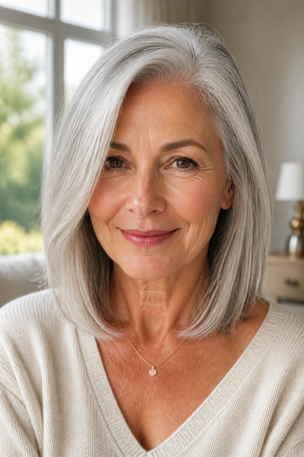 Close-up of mature woman with collarbone lob and side part in natural light