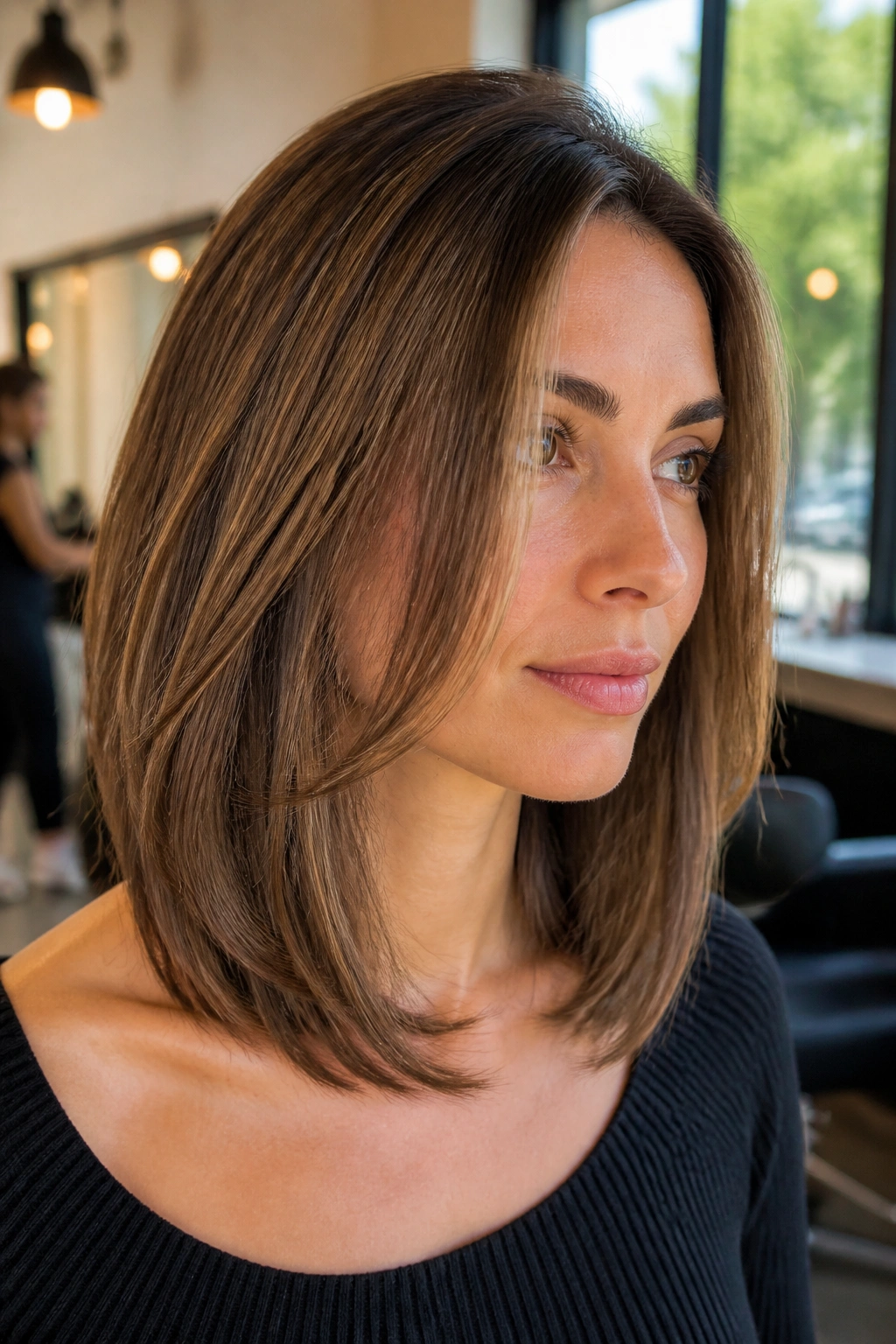 Close-up of a real woman with a collarbone-length lob and sliding layers