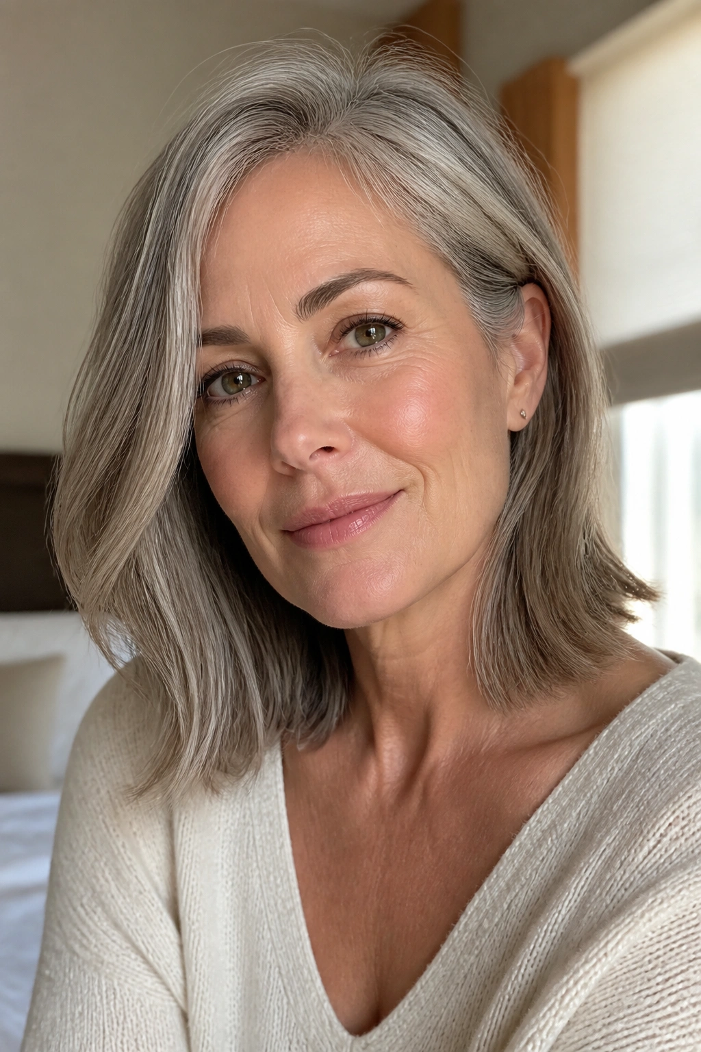 Close-up portrait of a real woman with a collarbone-length lob and soft bend, showing silver hair.