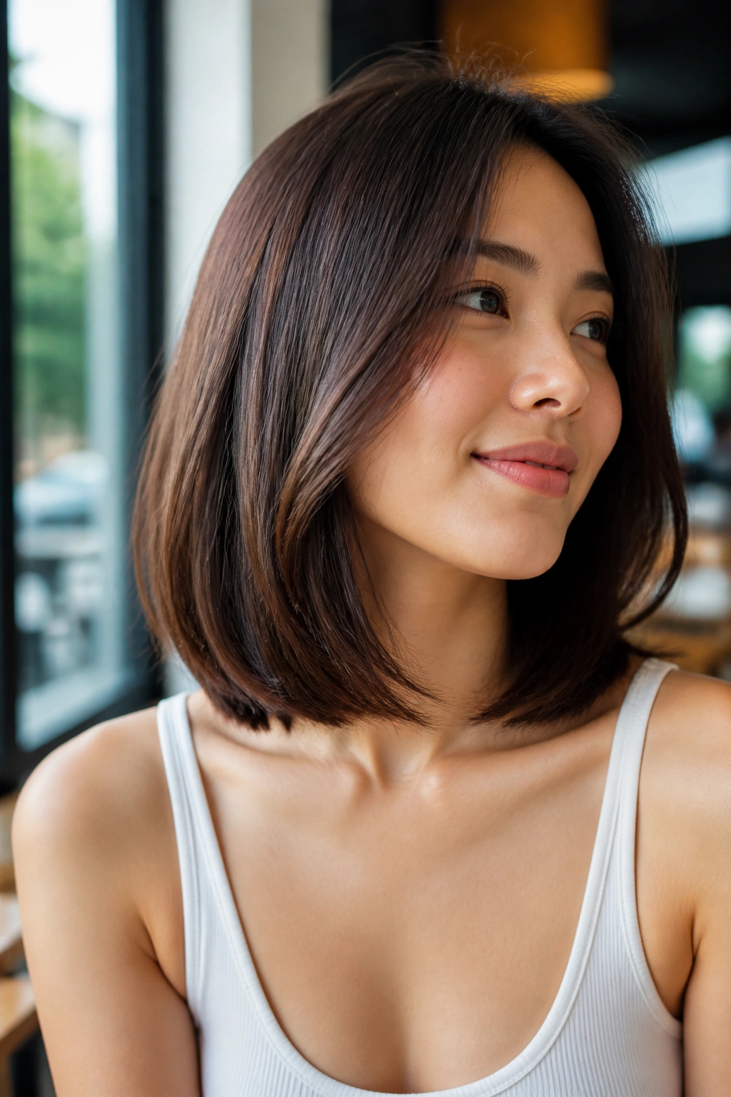 Close-up of real person with collarbone-length lob and soft ends