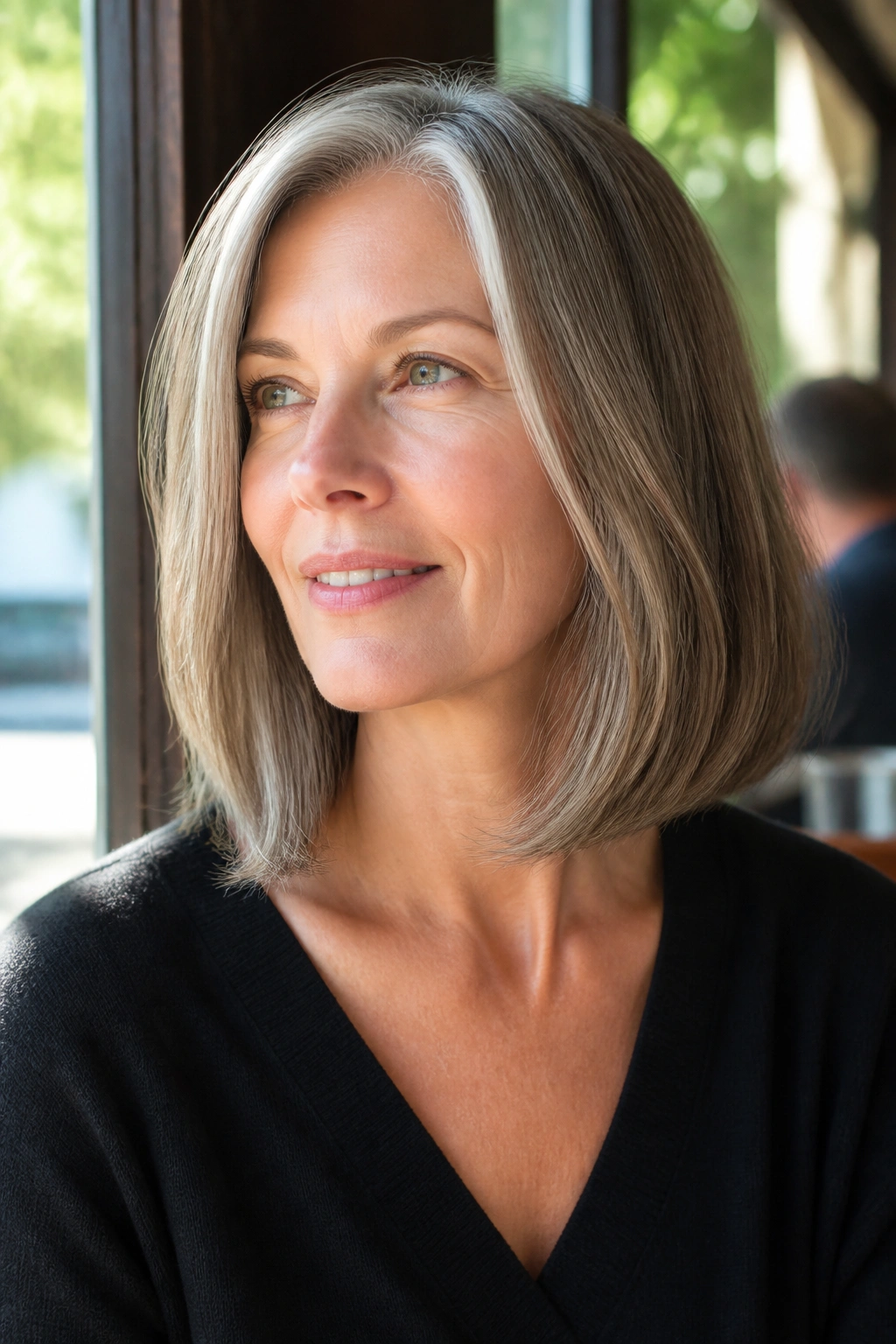 Close-up of a real woman with a collarbone-length lob and soft ends in natural light.