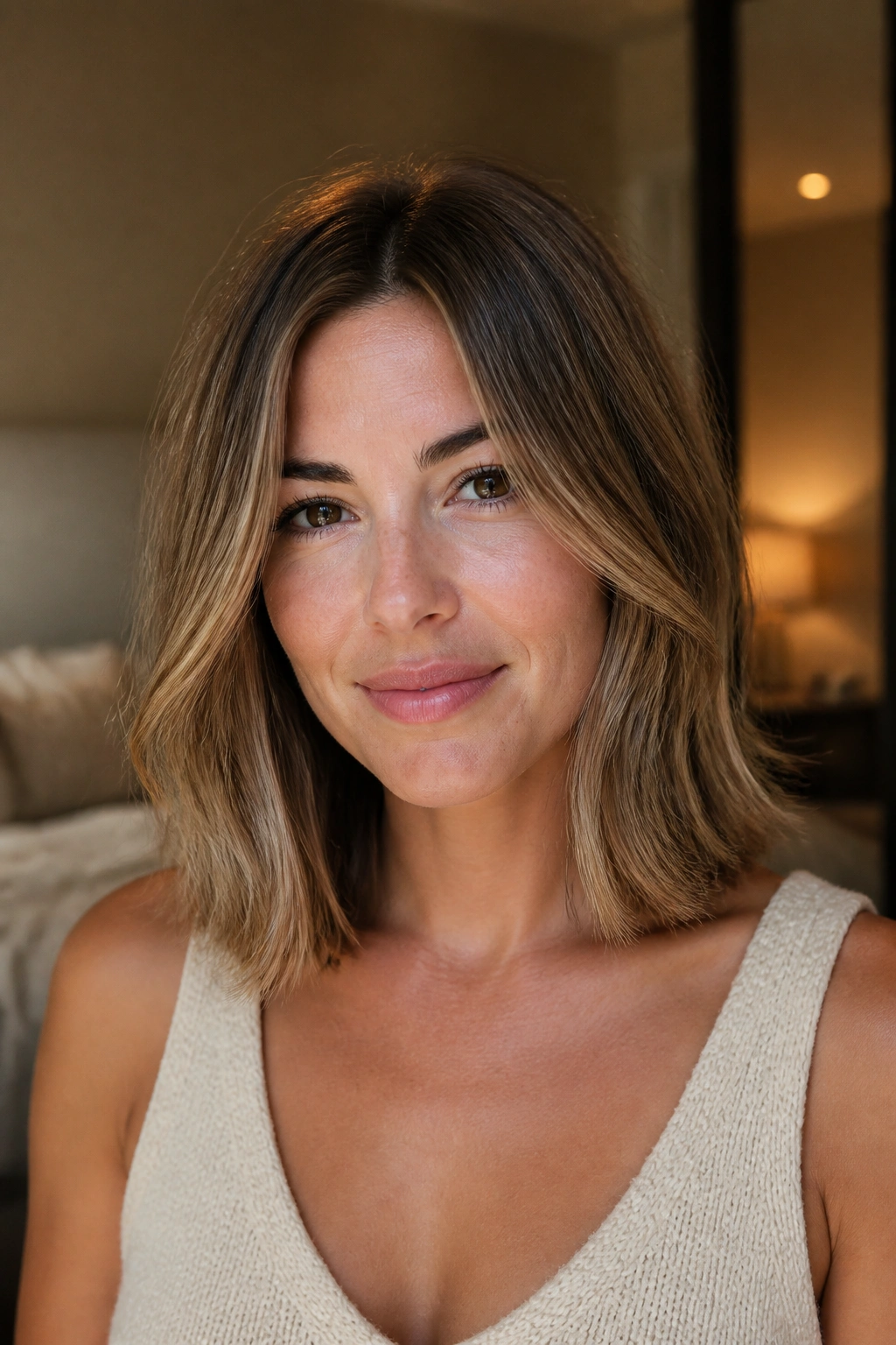 Close-up of a real woman with collarbone-length lob showing soft ends