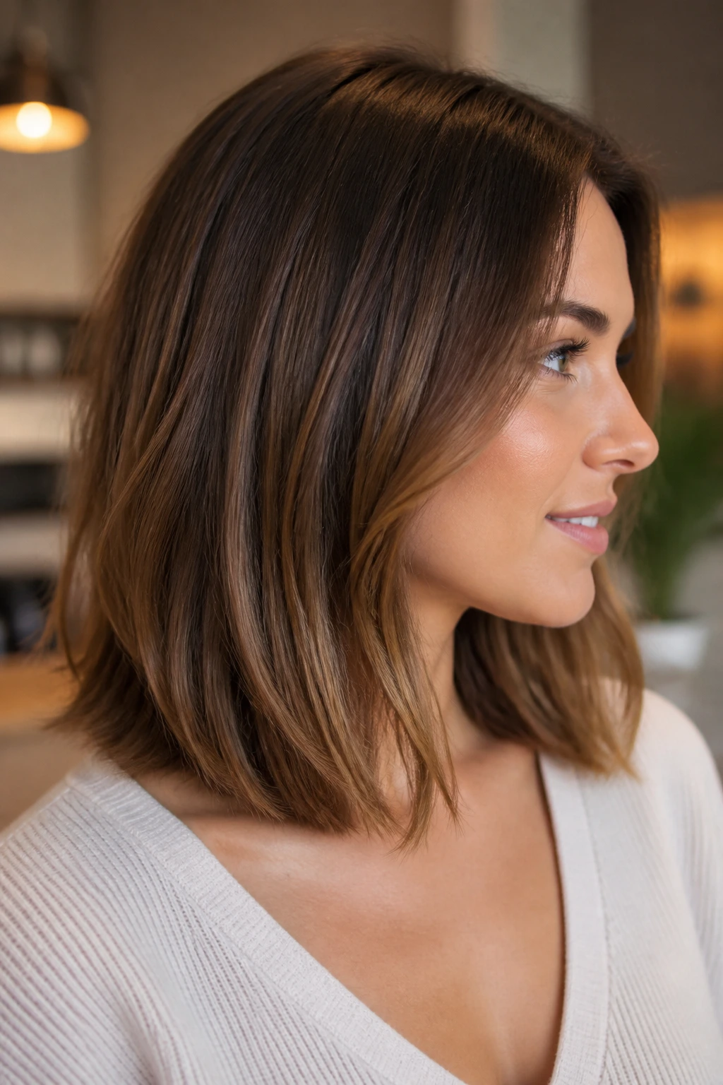 Close-up of a real woman with a collarbone-length lob and soft ends in warm light