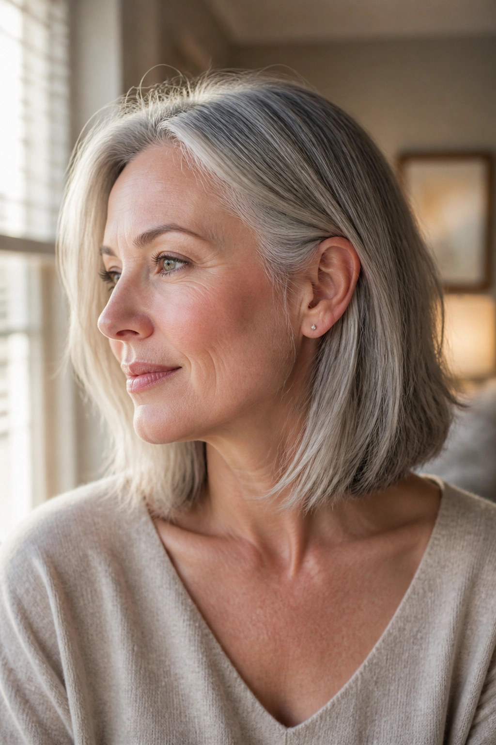 Close-up of a real woman with a collarbone-length lob and soft ends, gray hair, natural light