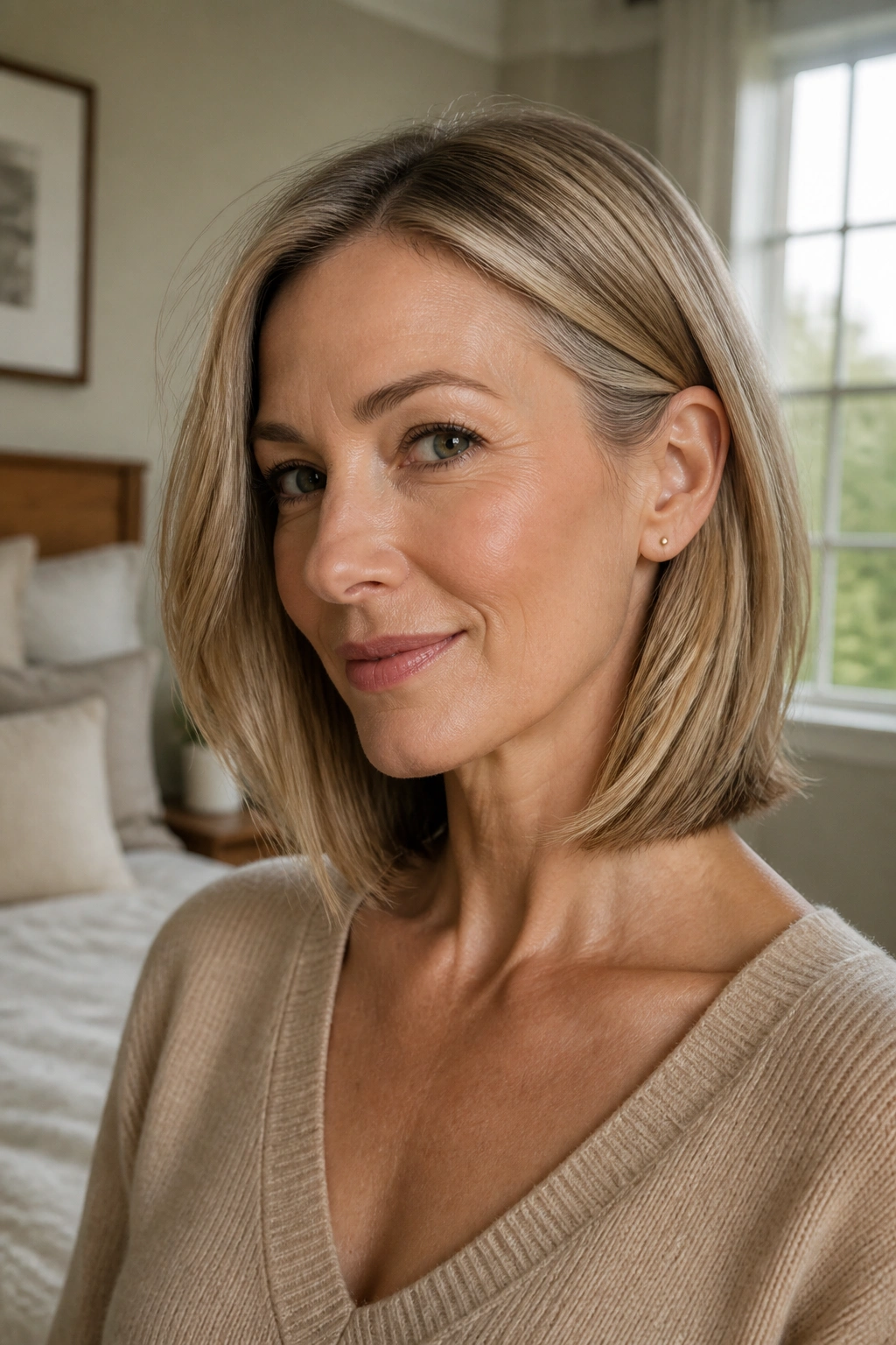 Close-up of a real woman's collarbone-length lob with soft ends in natural window light