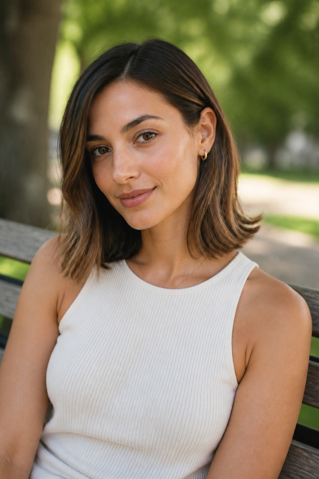 Close-up portrait of a real woman with a collarbone-length lob and soft ends in outdoor daylight