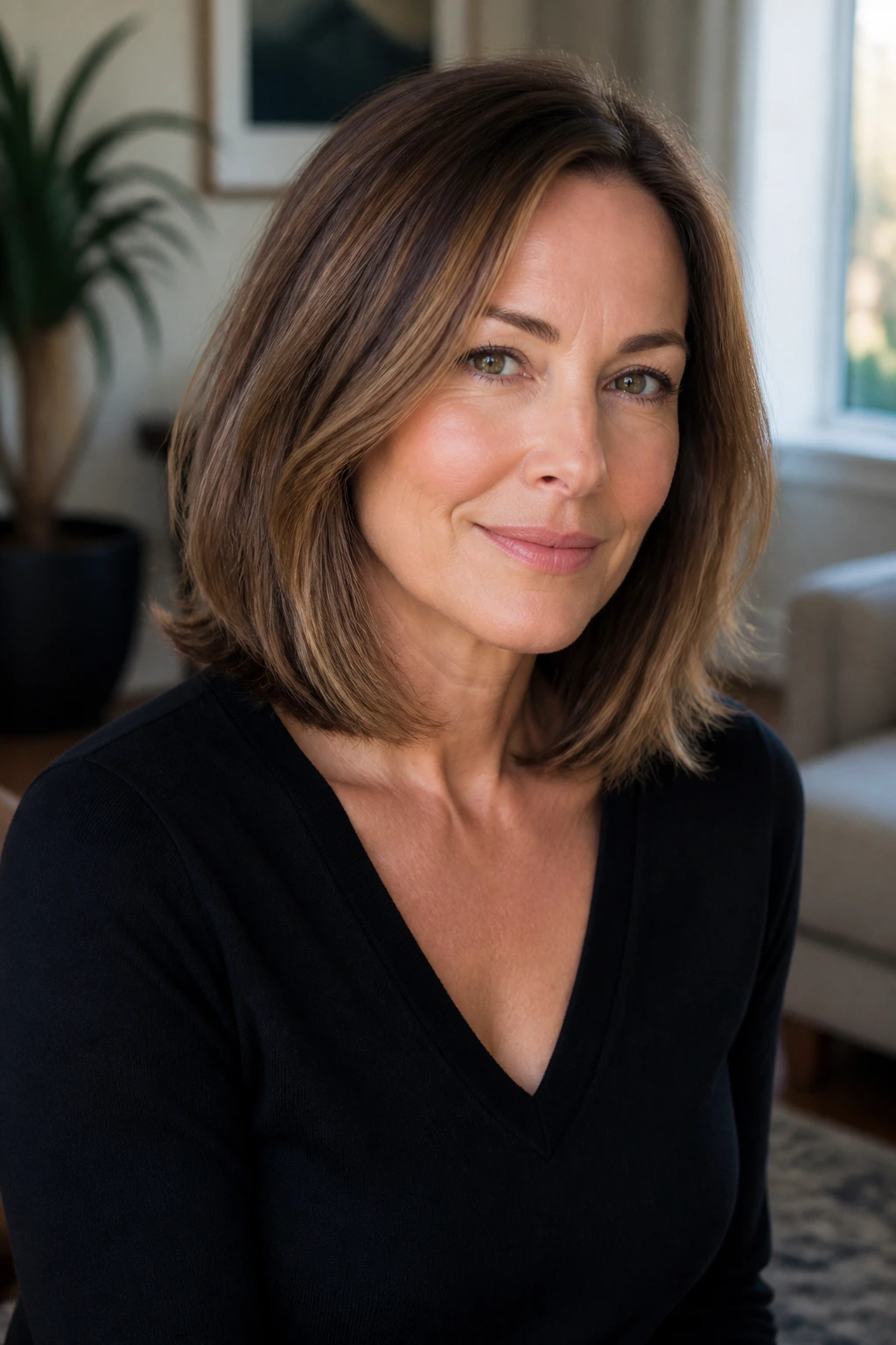 Real woman with collarbone-length lob and soft ends in natural daylight