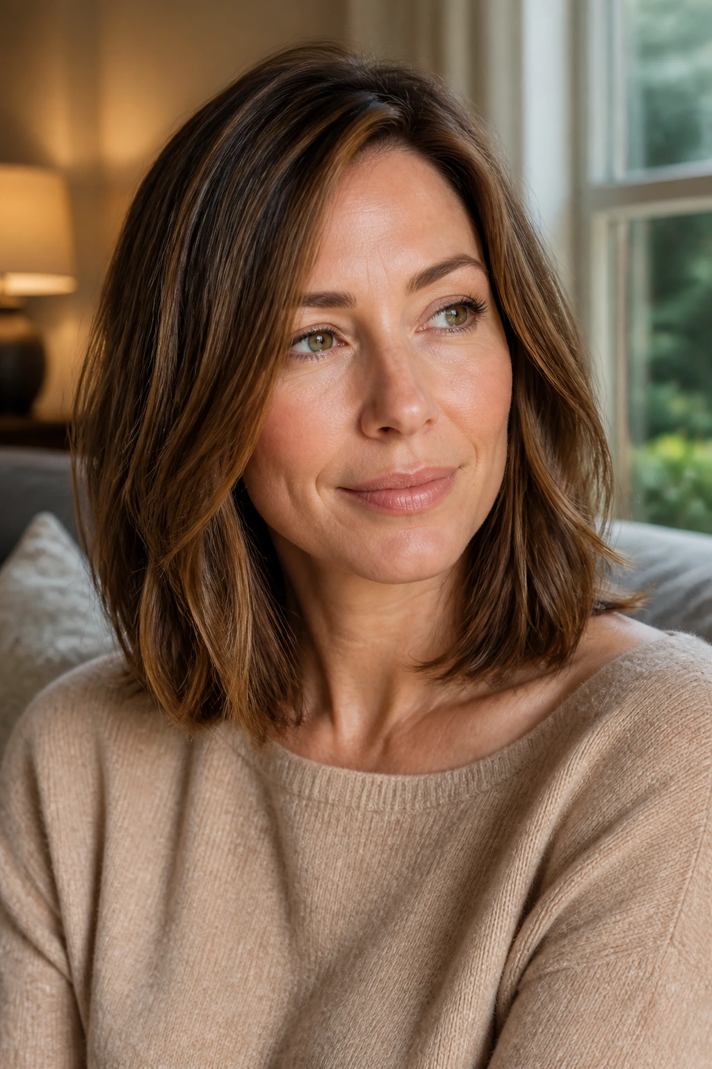 Close-up of real woman with collarbone-length lob and soft ends in a warm-lit living room