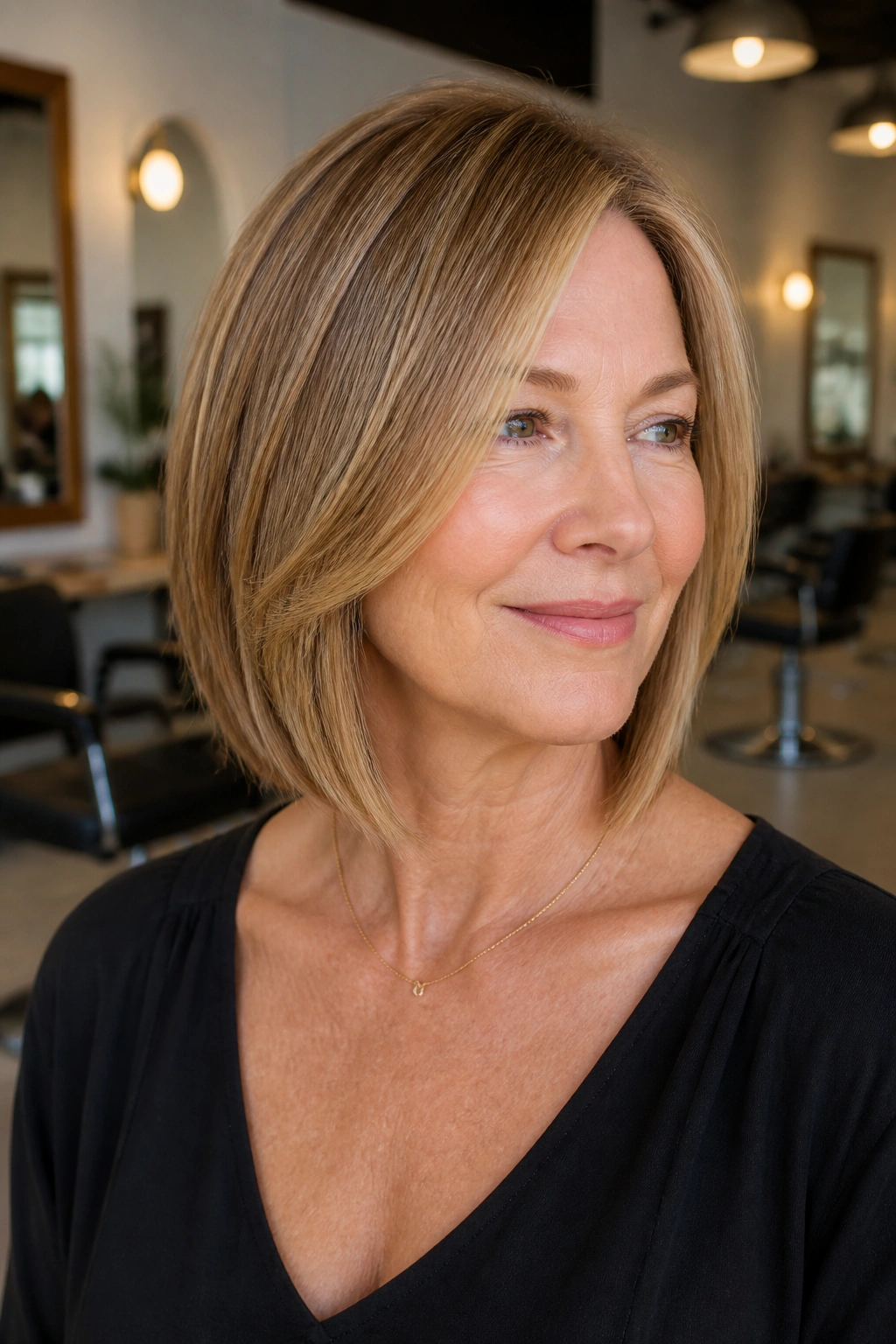 Woman with collarbone-length lob and soft taper in a warm salon setting