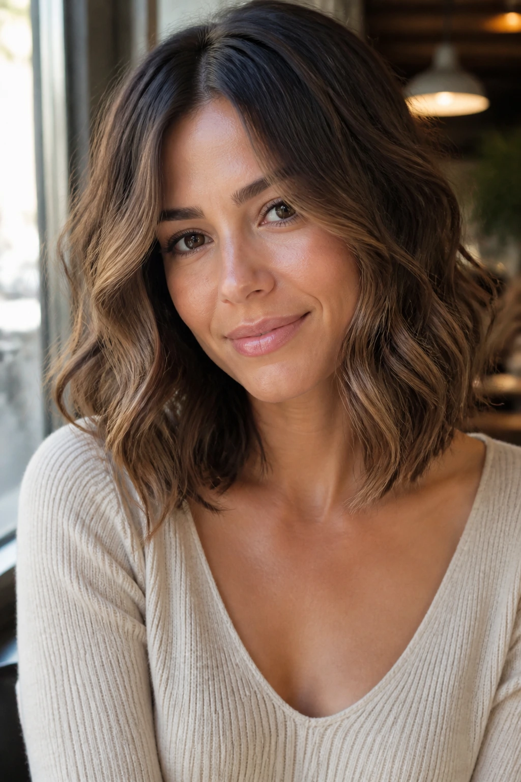 Close-up of a real woman's collarbone-length lob with soft waves