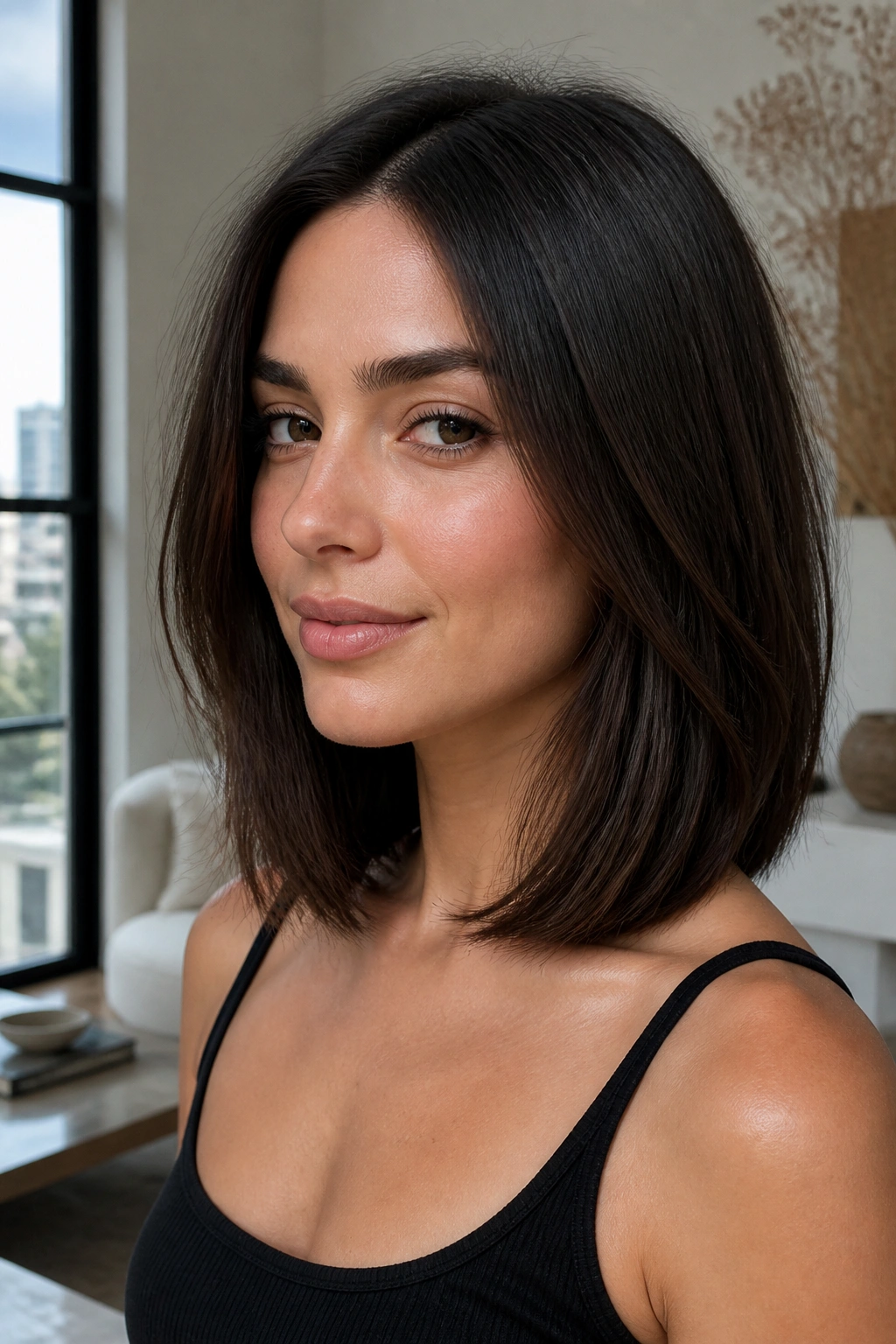 Portrait of a real woman with a collarbone-length lob on thick hair