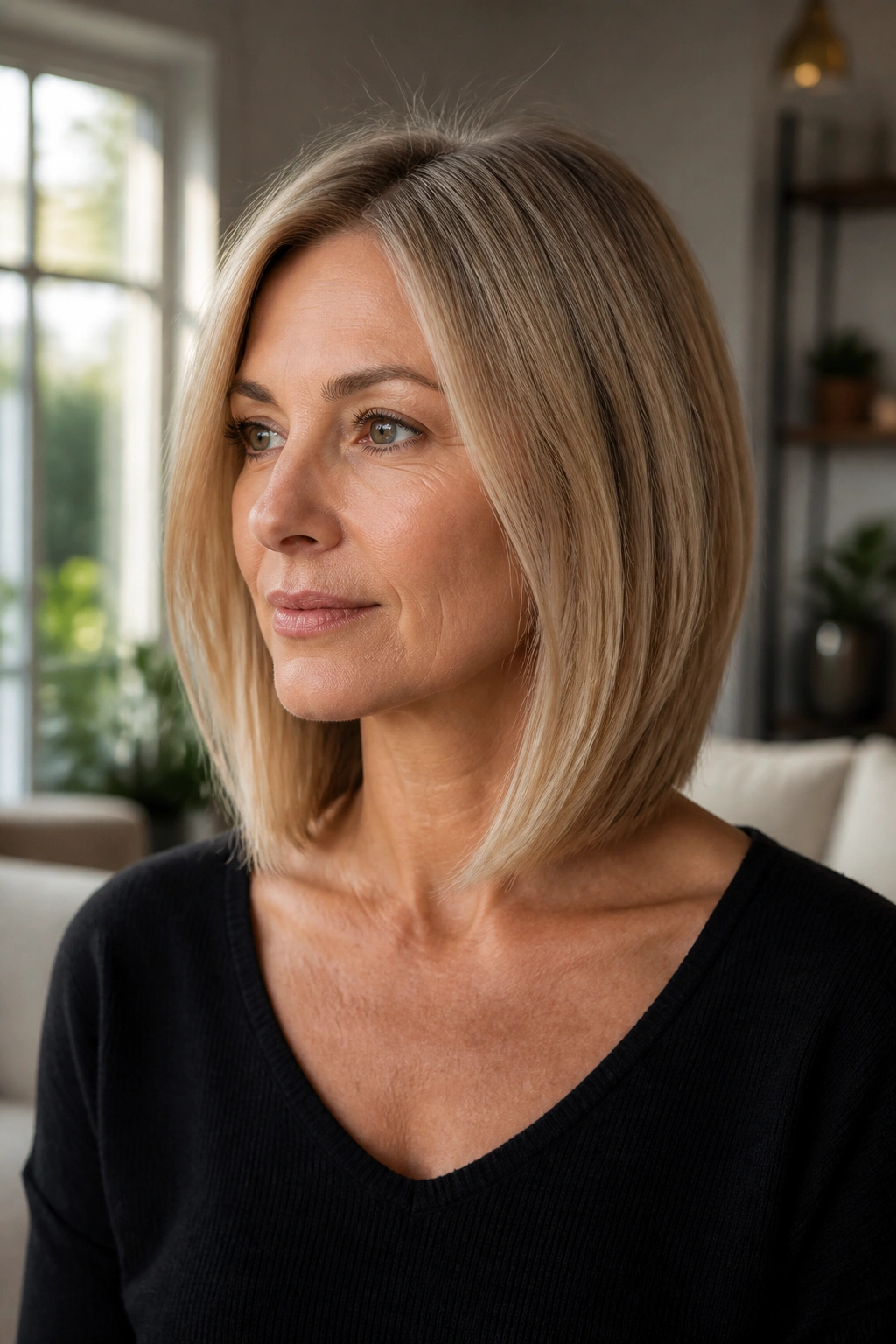 Portrait of a real woman with a collarbone-length lob.