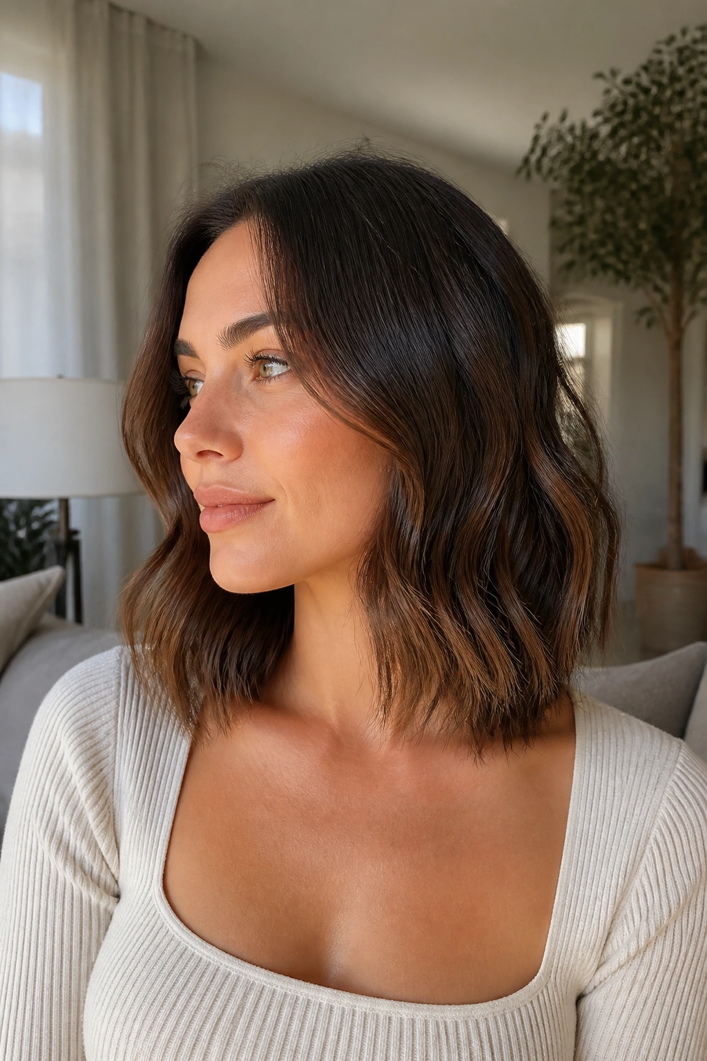 Close-up of a real woman with collarbone-length lob and loose waves