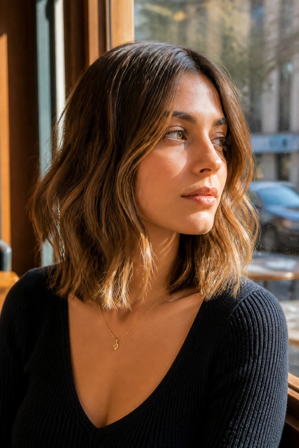 Close-up of a real woman with a collarbone-length lob and loose waves in natural daylight
