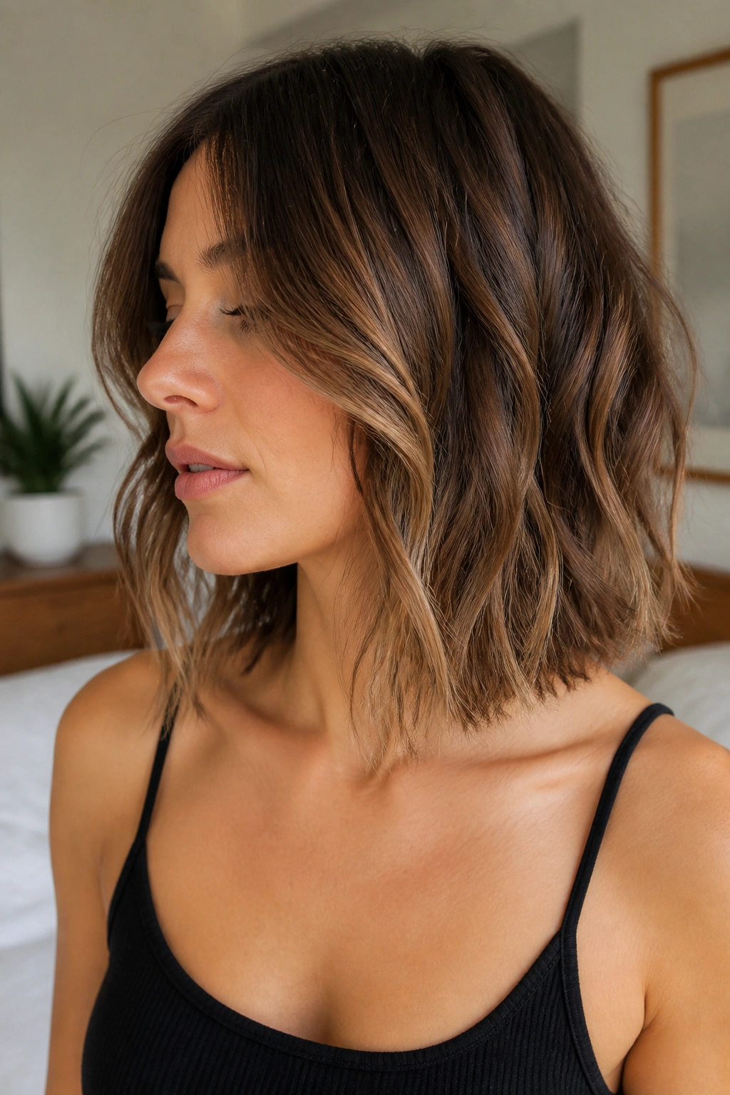 Portrait of woman with collarbone-length lob and soft waves