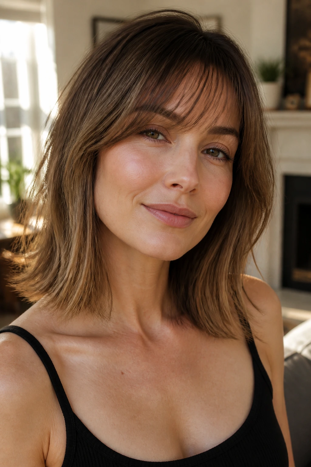 Close-up of a woman with collarbone-length lob and whisper-light bangs by a sunlit window.
