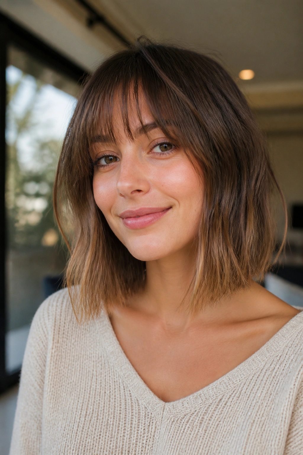 Close-up of a real woman with collarbone-length A-line lob and wispy bangs