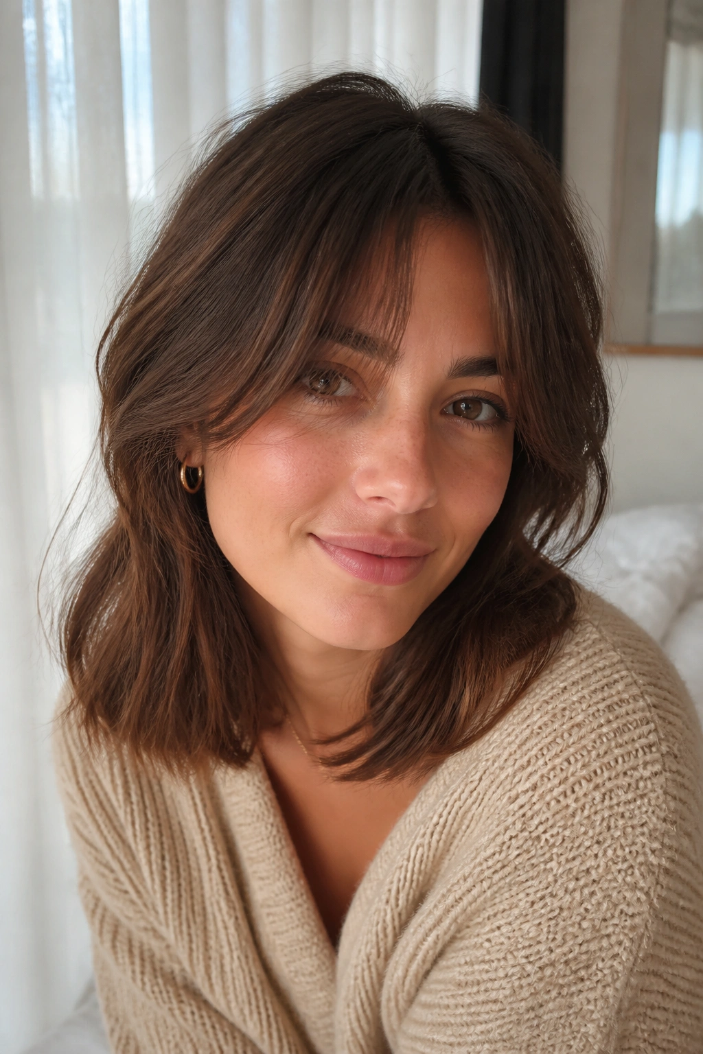 Close-up of a real woman with collarbone-length long bob and lived-in curtain bangs in soft morning light