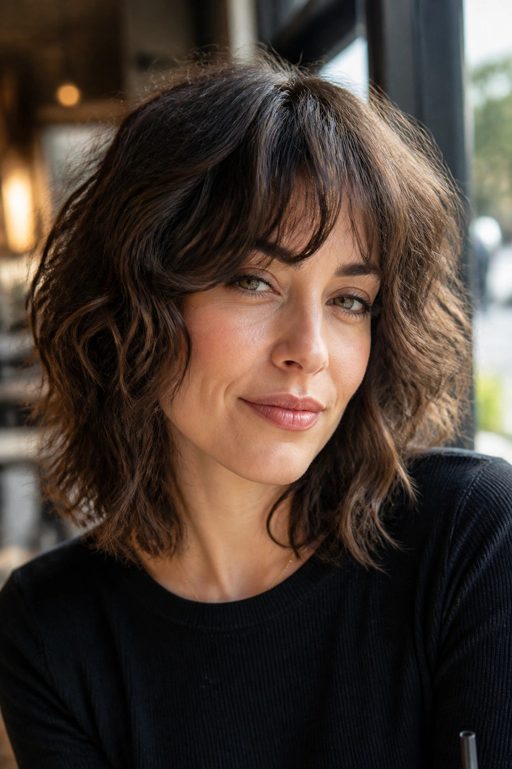 Real woman wearing collarbone-length shag with soft waves framing the face