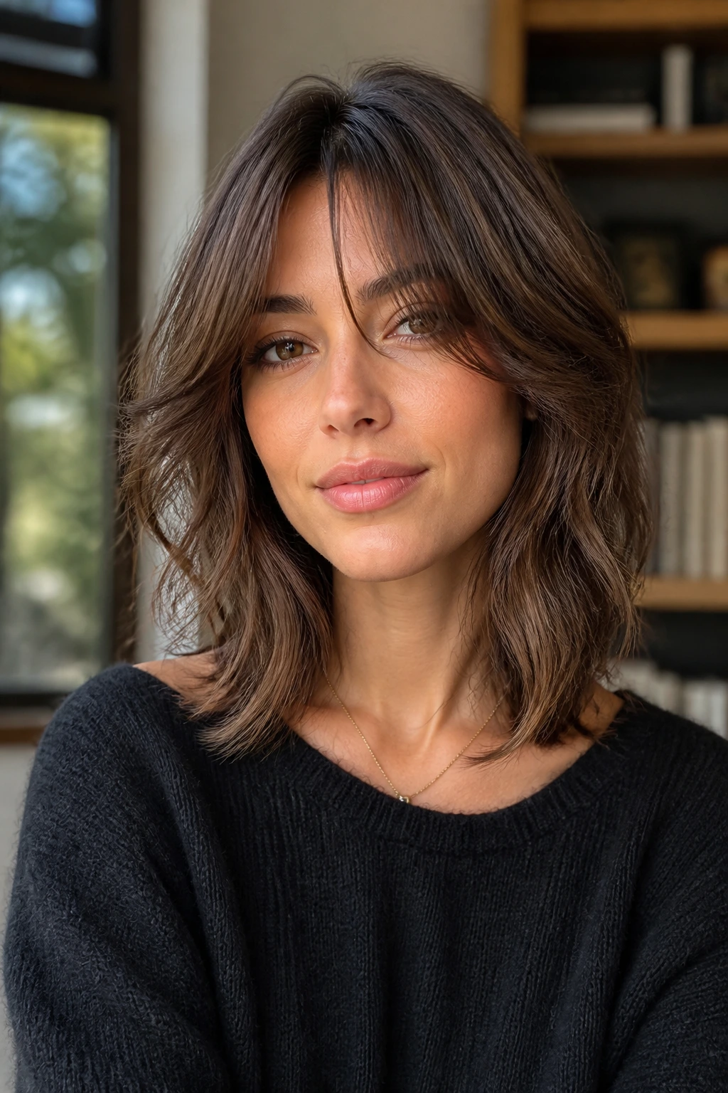 Close-up of a real woman with collarbone-length shag and soft movement