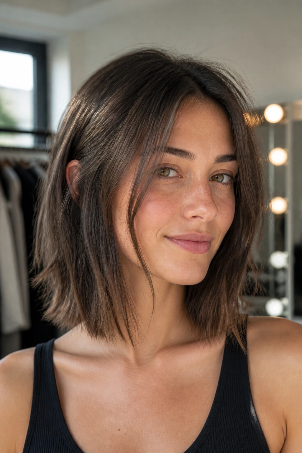 Close-up of a real woman with a collarbone-length razor lob and face-framing pieces in bright natural light