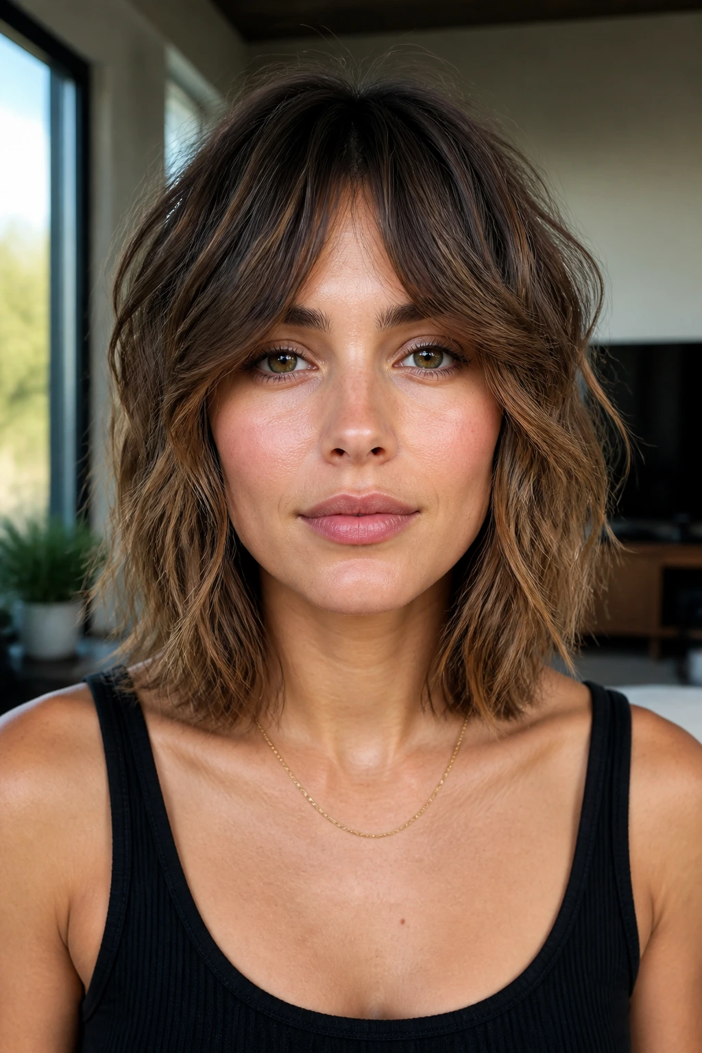 Close-up portrait of a real person with collarbone-length shag and blunt perimeter.