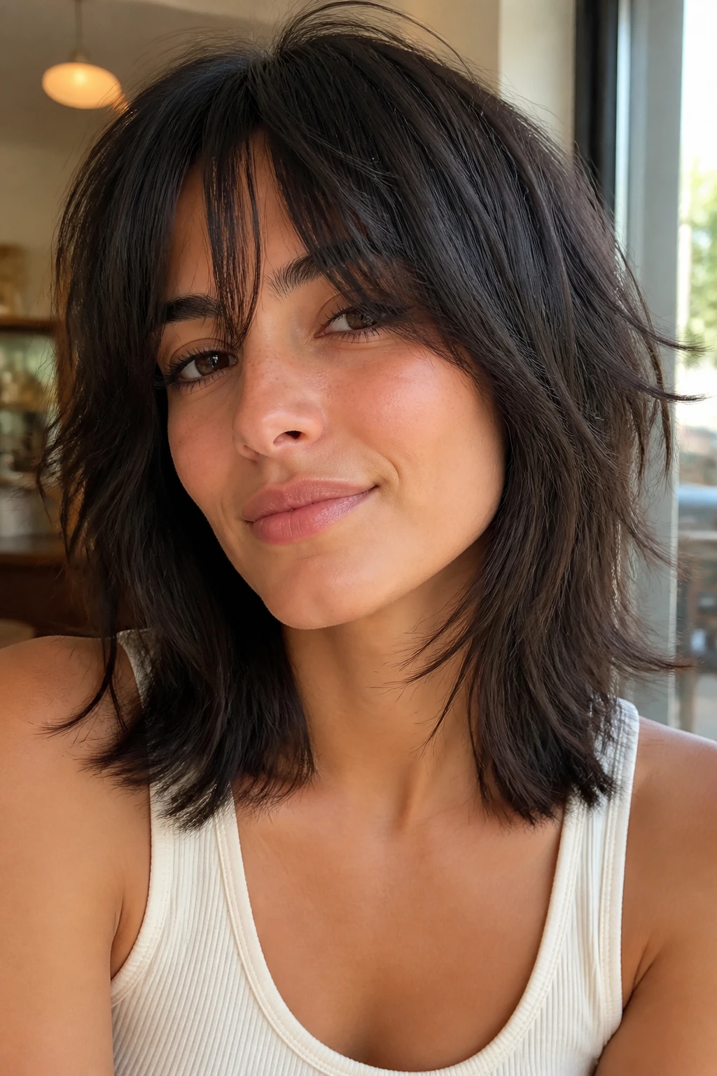 Close-up portrait of a real woman with collarbone-length shag and choppy ends