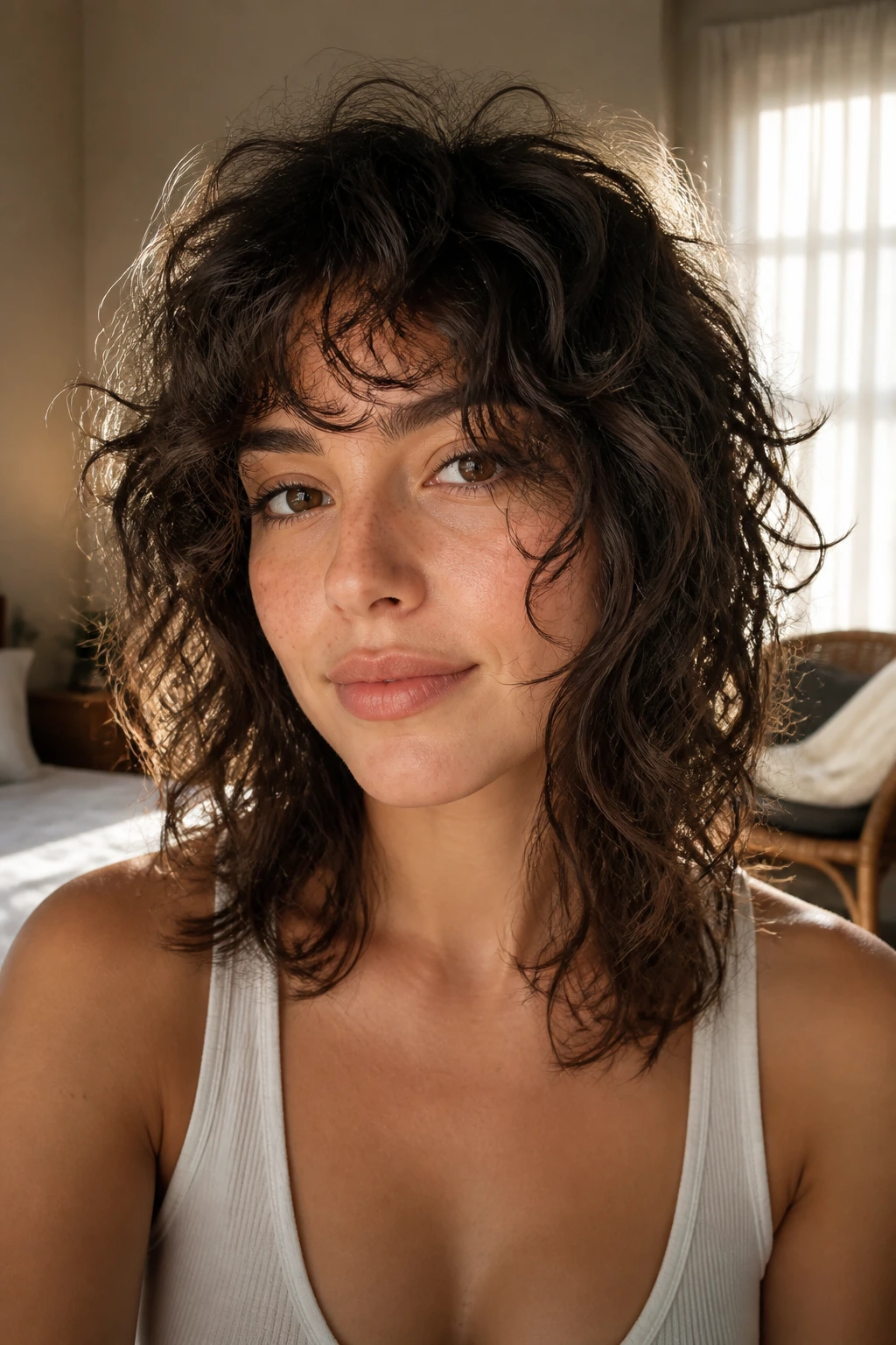 Close-up portrait of a real woman with collarbone-length curly shag and long face-framing pieces in warm light