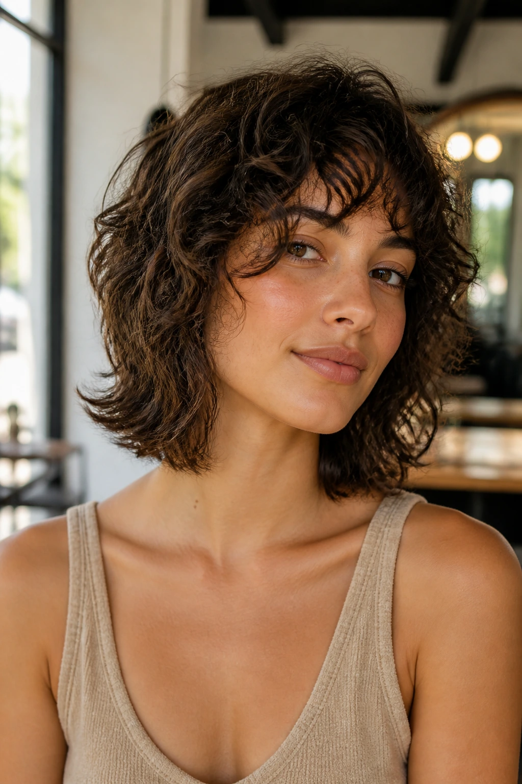 Close-up portrait of a real person with collarbone-length shag and flipped-out ends, in sunlit salon light.