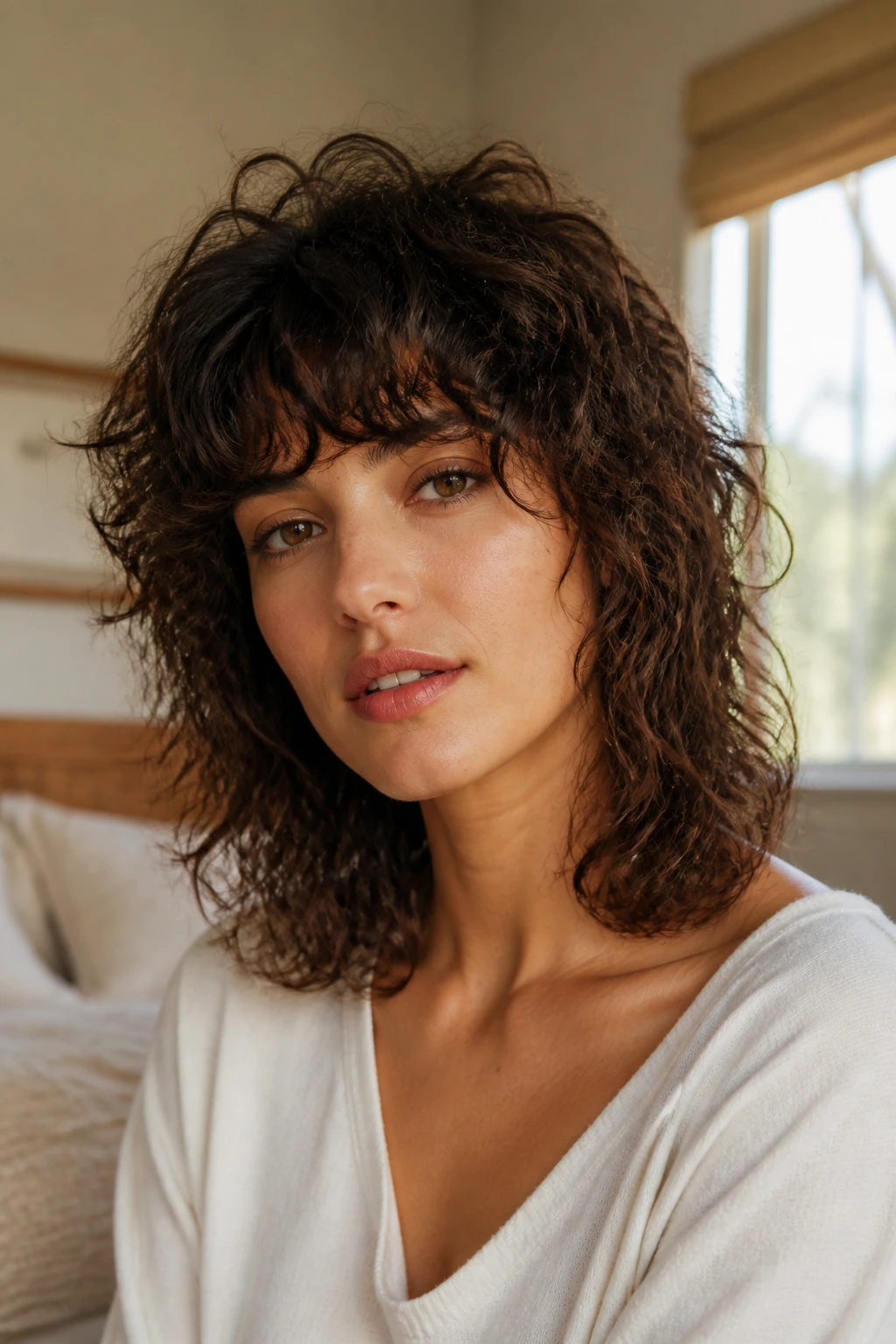 Close-up of real woman with collarbone-length curly shag and fringe