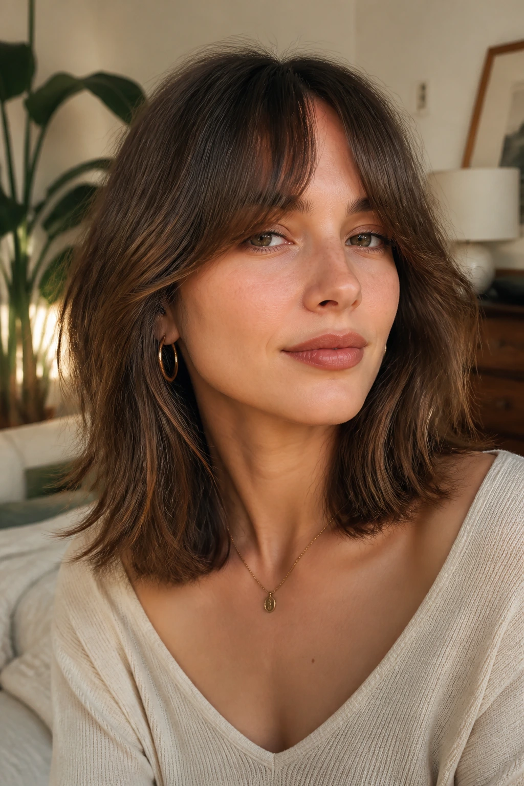 Close-up of a real woman with a collarbone shag and curtain bangs in sunlit living room