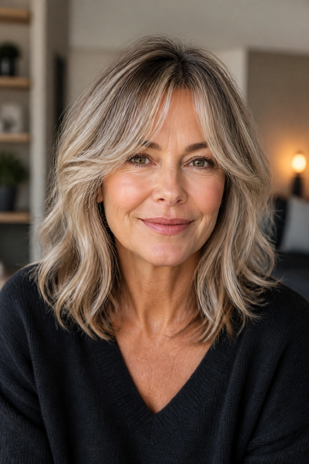 Real woman in her 50s with collarbone-length shag and curtain fringe in warm living room light