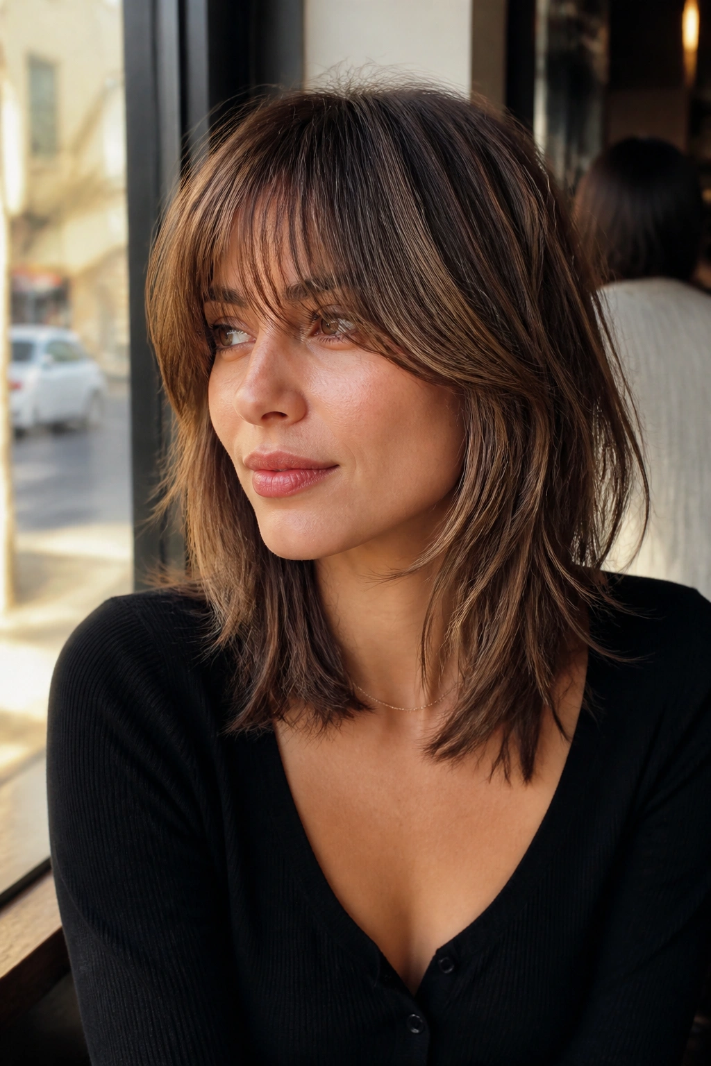 Portrait of a real woman with collarbone shag and feathered fringe in sunlit cafe setting.