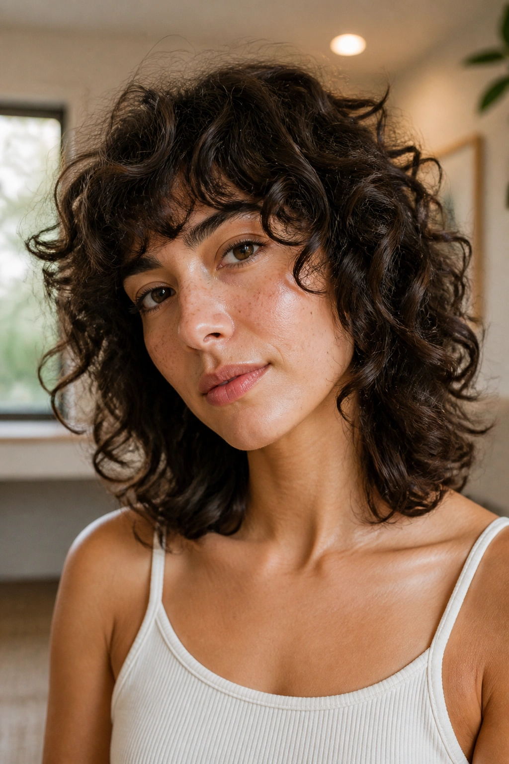 Portrait of a woman with collarbone-length curls and flipped ends