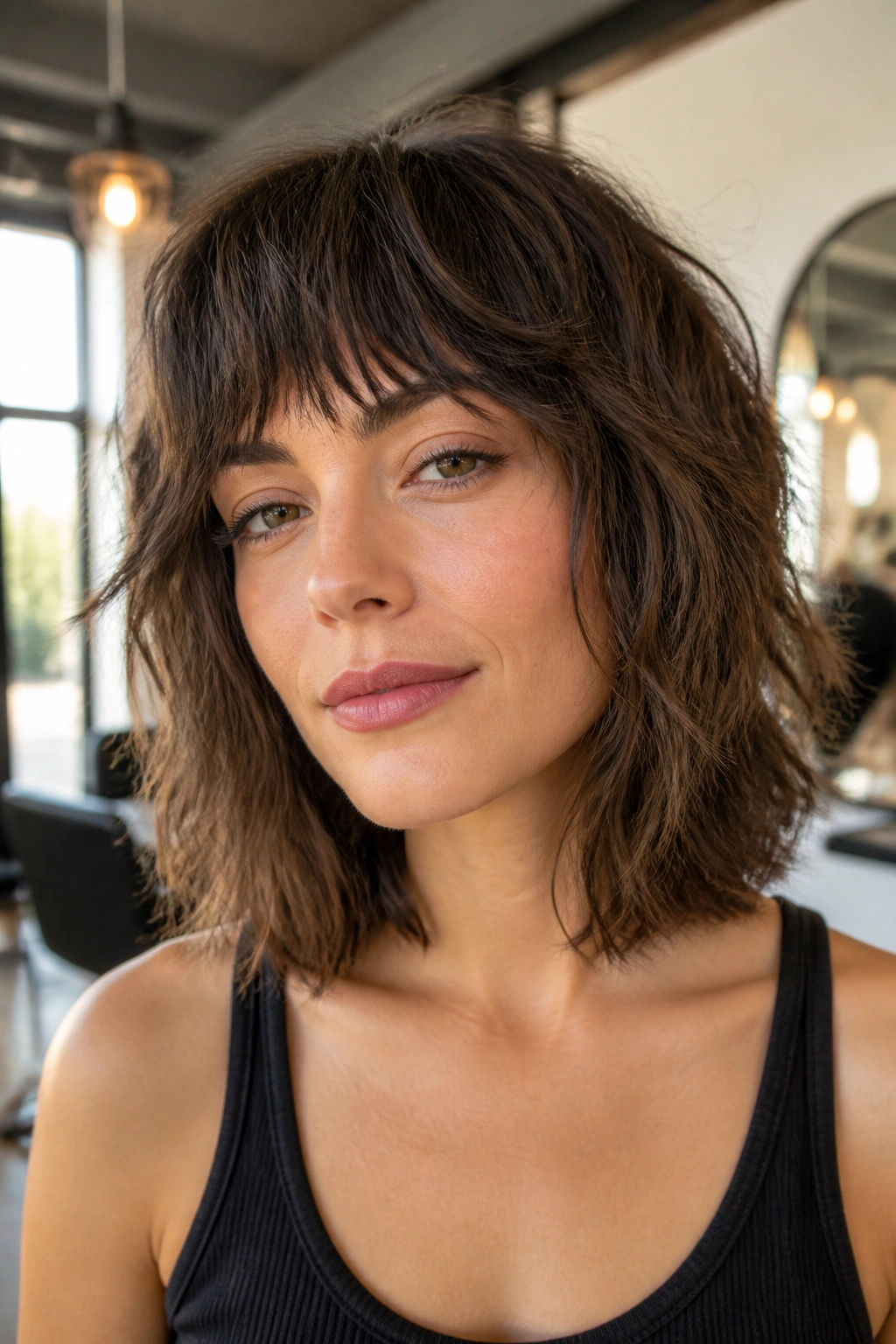 Real woman portrait with collarbone shag fringe