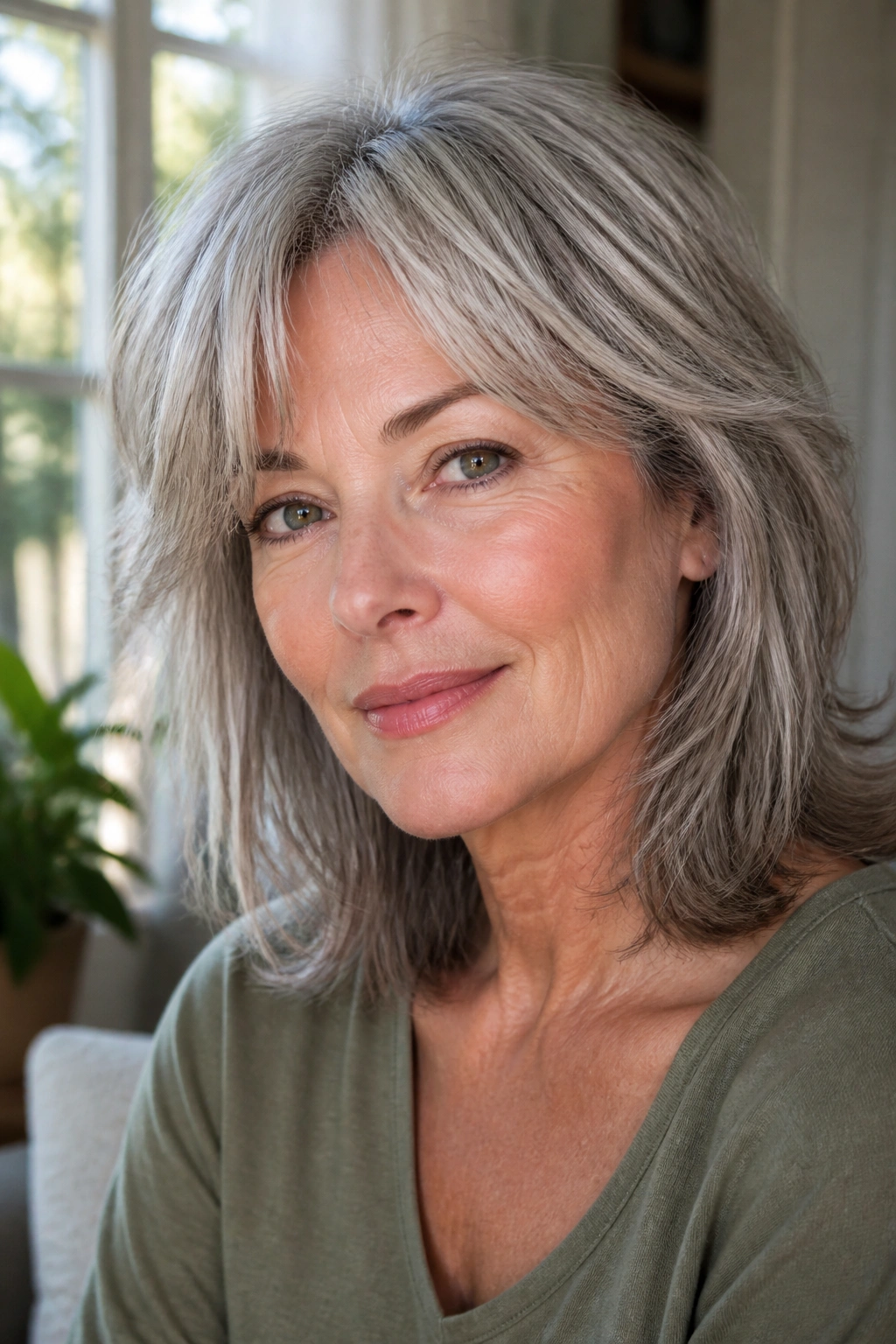 Close-up of a real woman with a collarbone-length shag and soft movement around the face