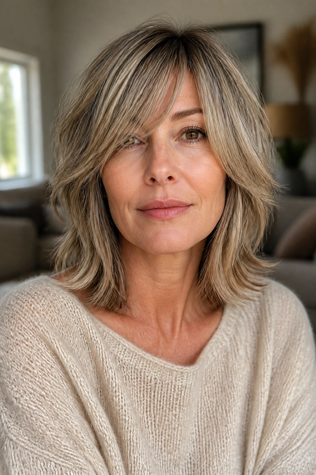 Close-up portrait of a real woman with collarbone shag and long bangs in warm natural light