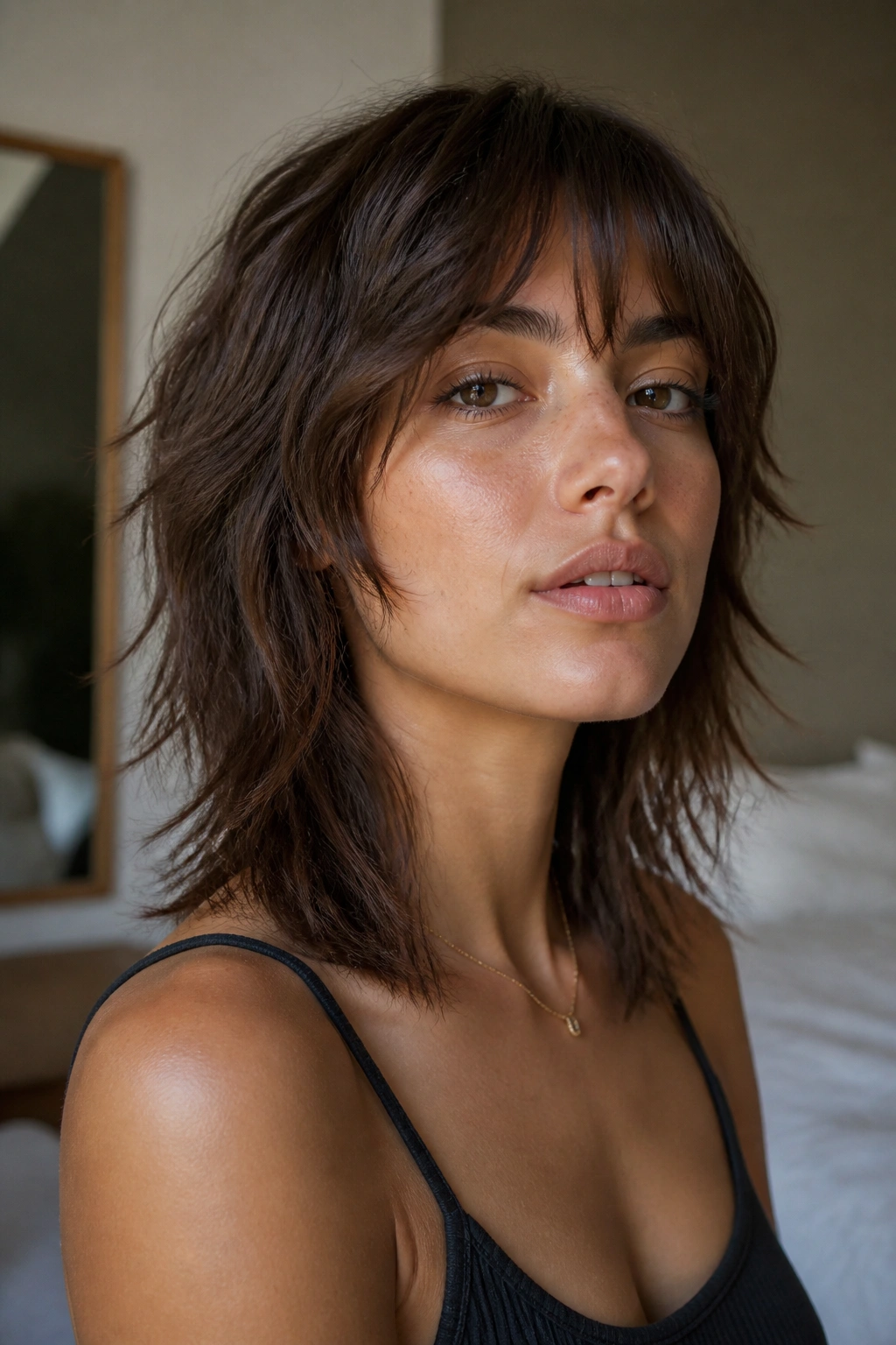Close-up of a real woman with collarbone-length shag mullet and piecey ends under natural window light