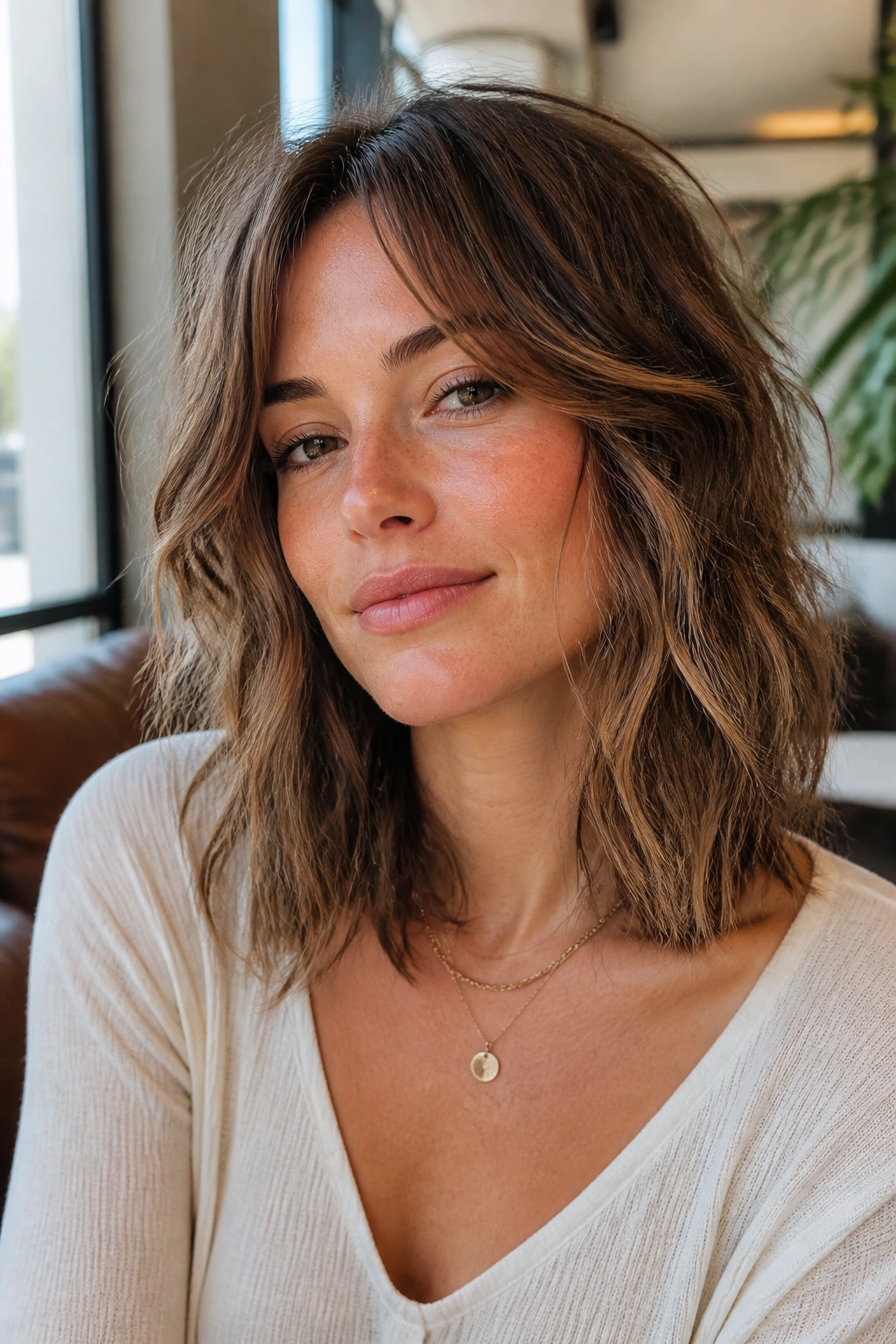 Close-up portrait of a real person with collarbone-length shag and lived-in waves.